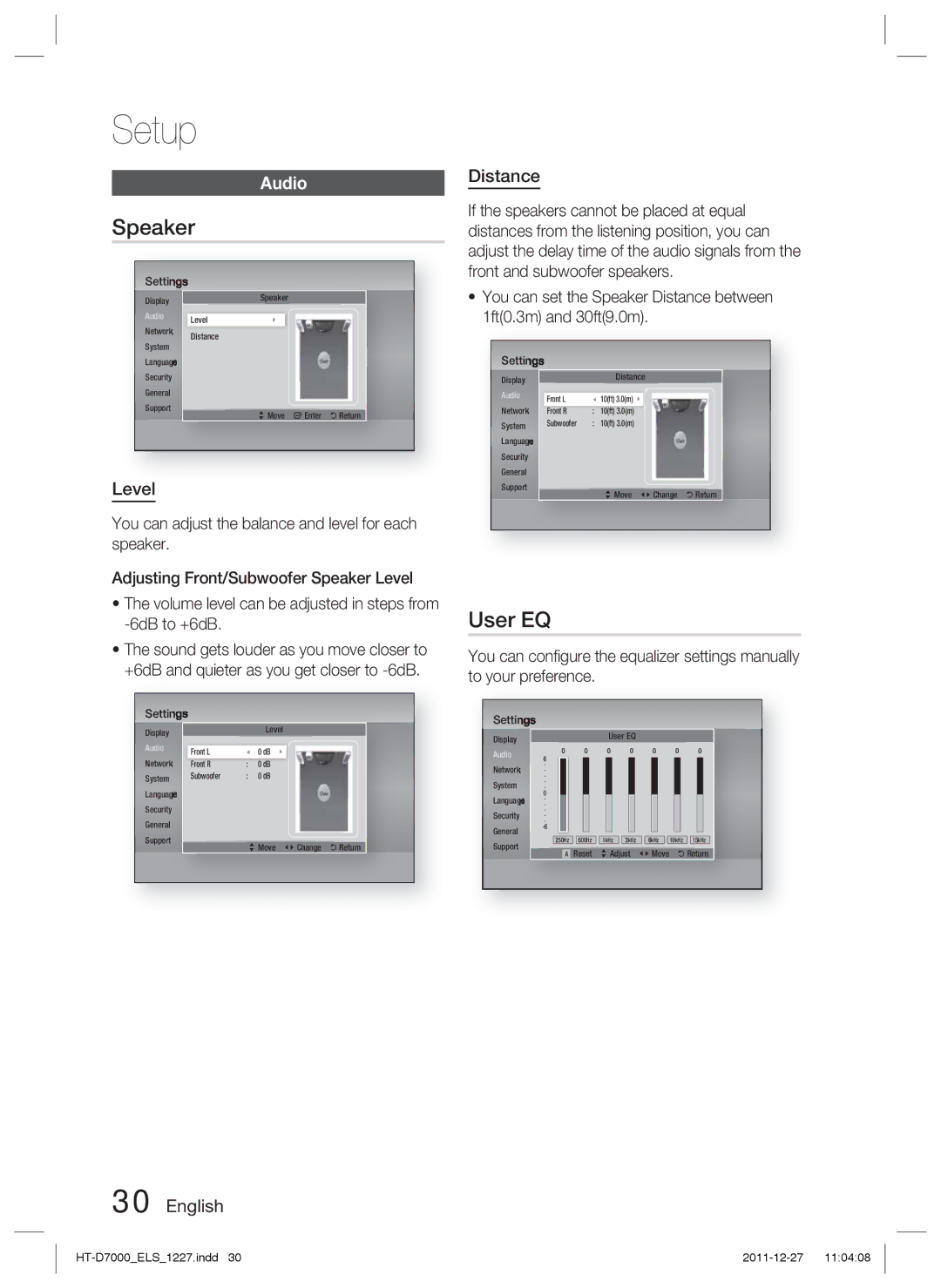 Samsung HT-D7000/ZF, HT-D7000/XN, HT-D7000/EN, HT-D7000/XE manual Speaker, User EQ, Audio, Level, English Distance 