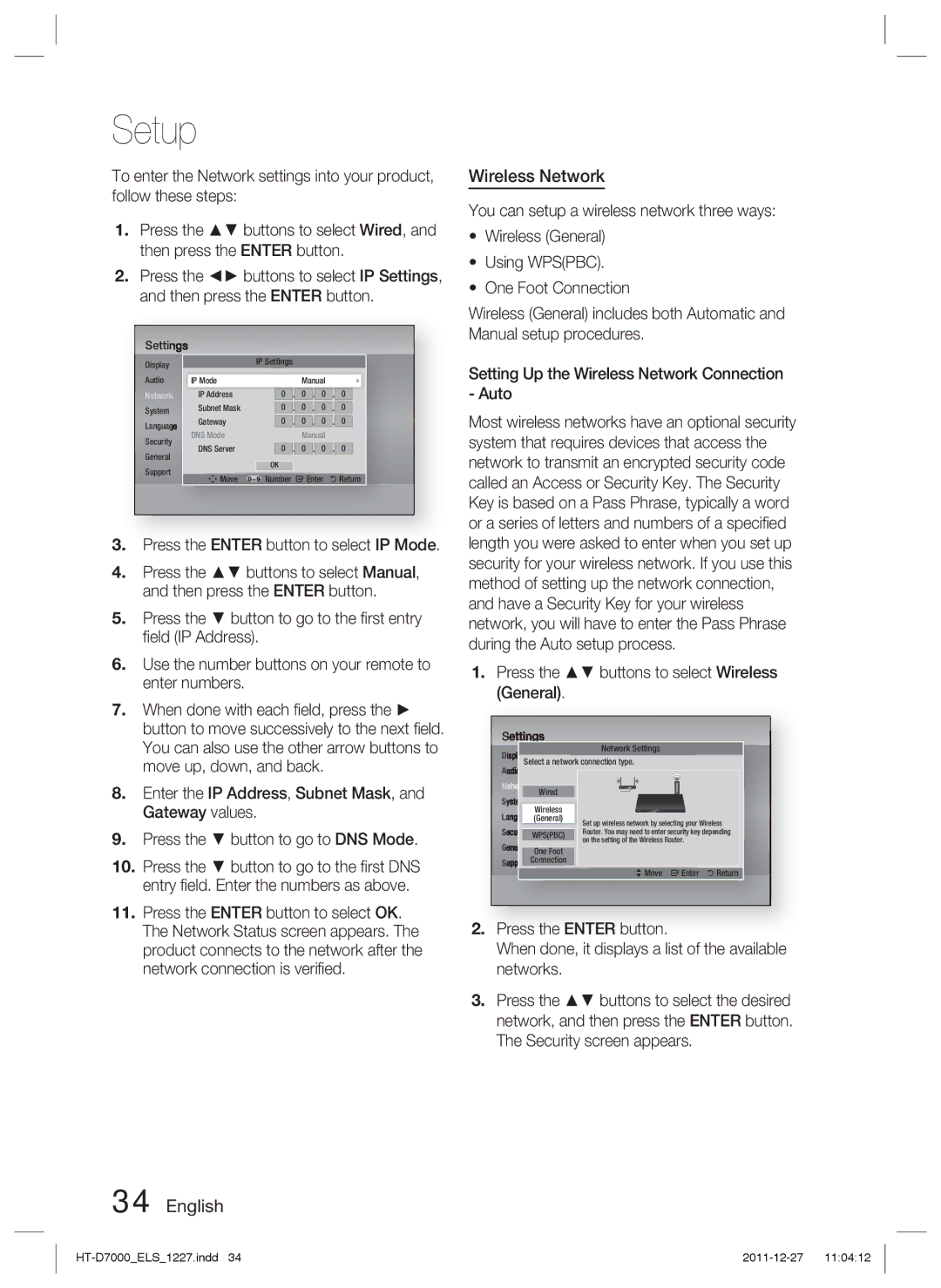 Samsung HT-D7000/ZF, HT-D7000/XN, HT-D7000/EN, HT-D7000/XE manual Wireless Network, Press the Enter button to select IP Mode 