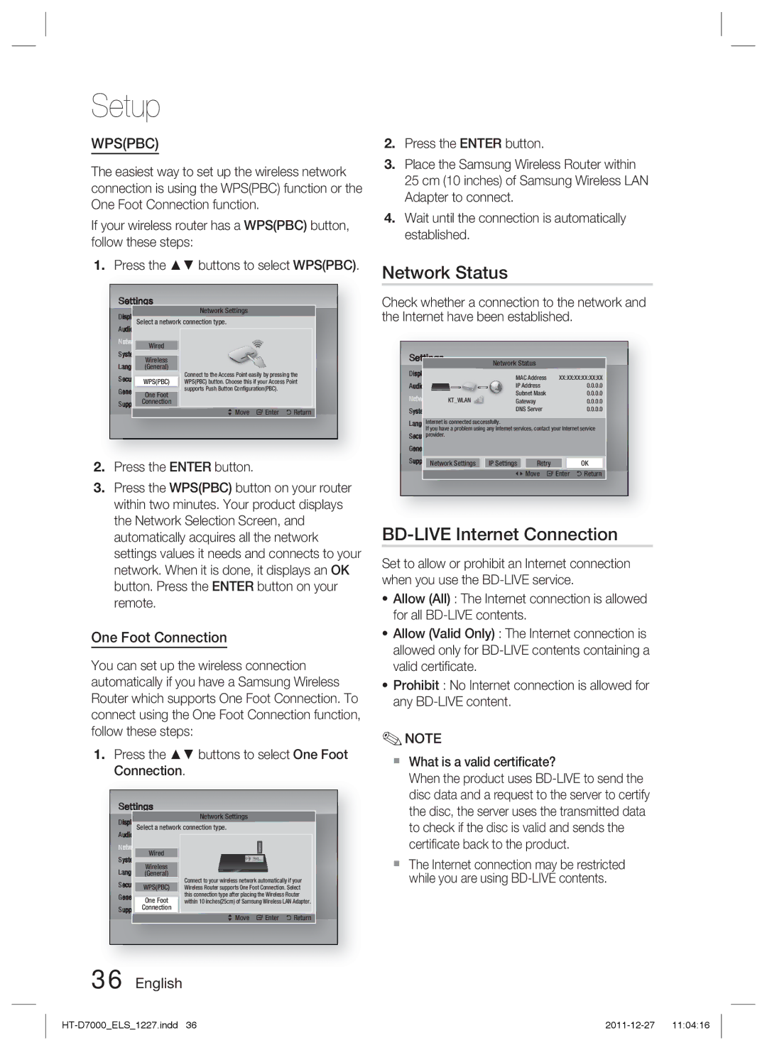 Samsung HT-D7000/XN manual Network Status, BD-LIVE Internet Connection, One Foot Connection, Certiﬁcate back to the product 