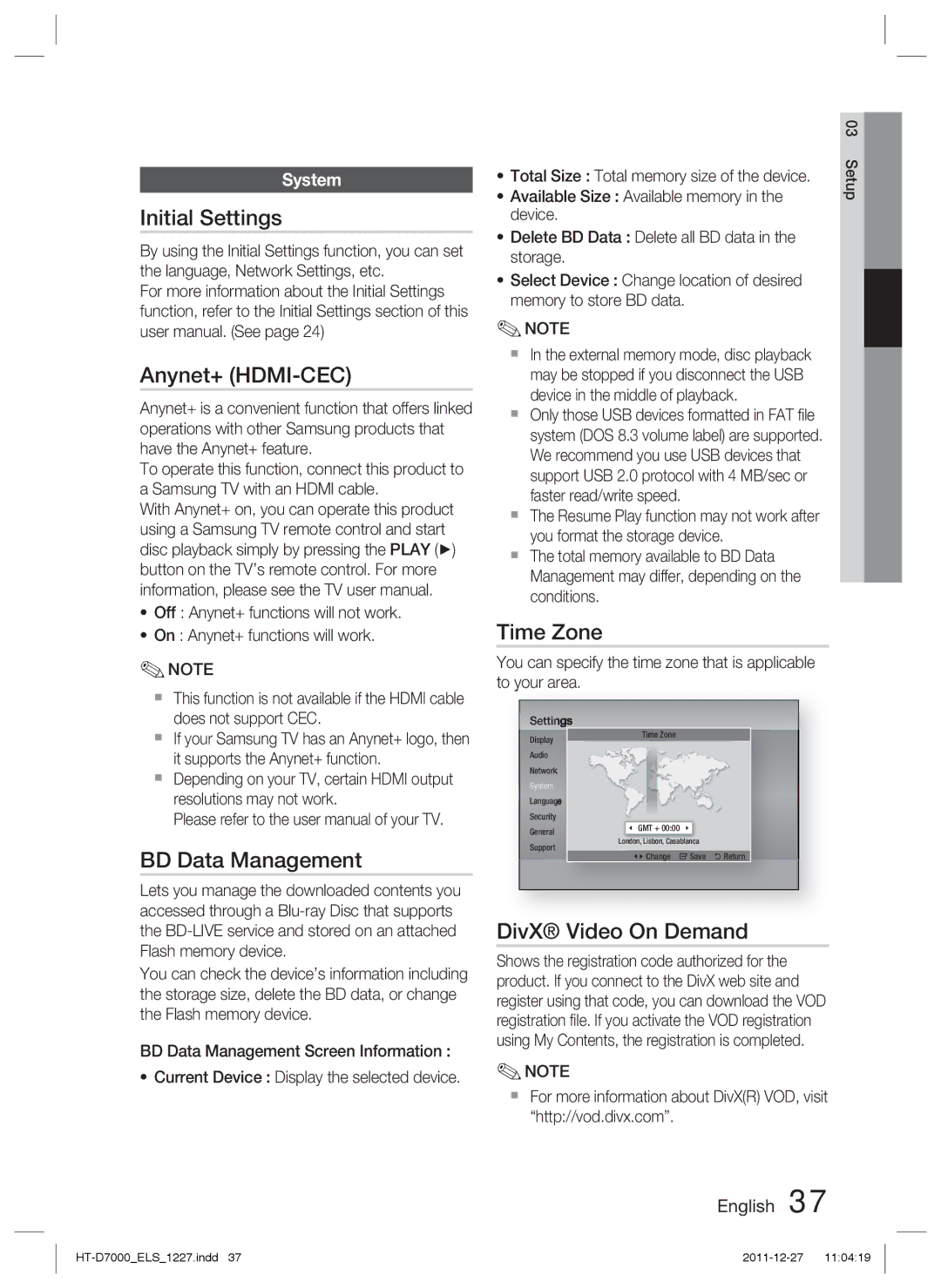 Samsung HT-D7000/EN, HT-D7000/XN Initial Settings, Anynet+ HDMI-CEC, BD Data Management, Time Zone, DivX Video On Demand 