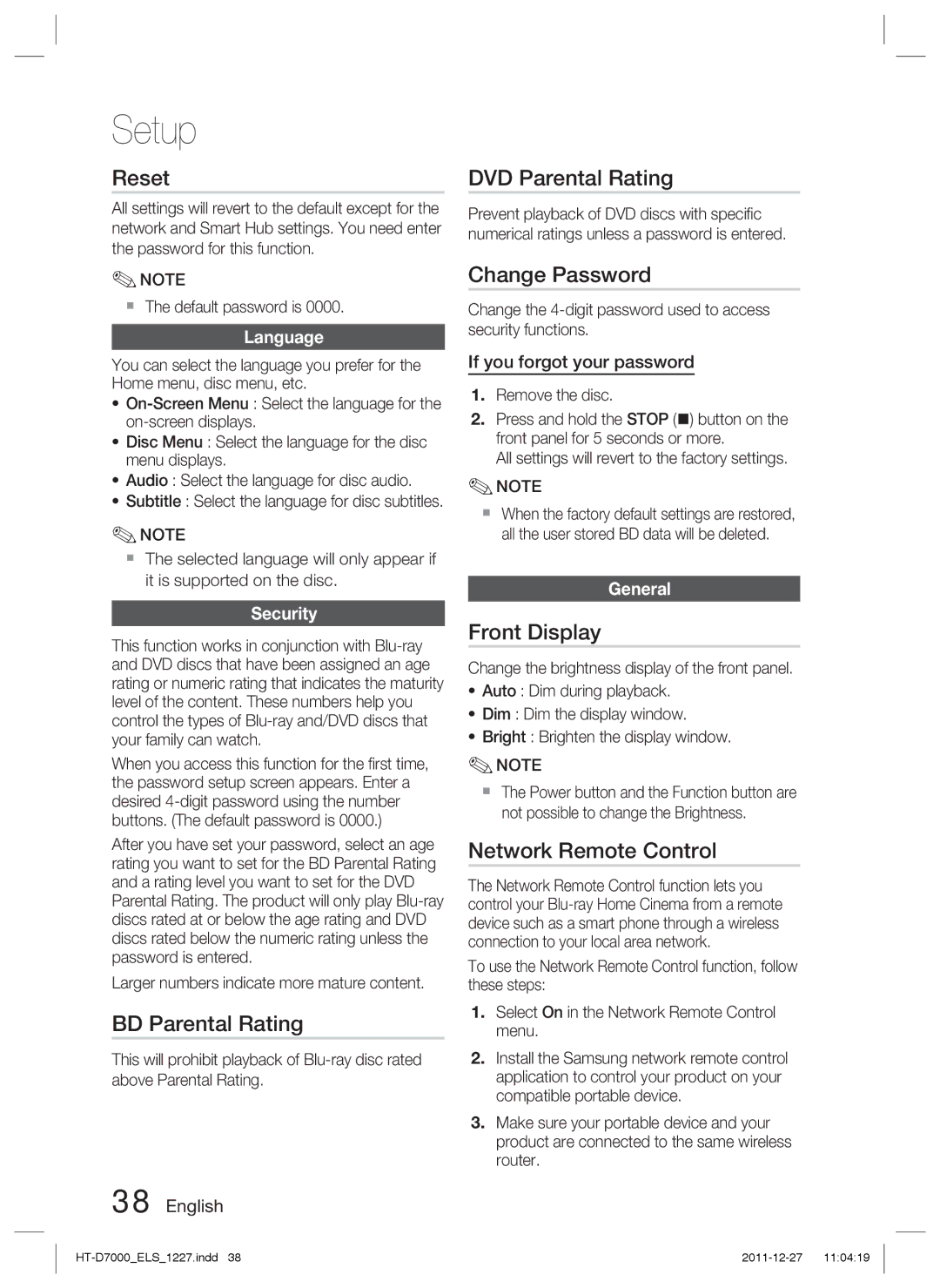 Samsung HT-D7000/ZF Reset, BD Parental Rating, DVD Parental Rating, Change Password, Front Display, Network Remote Control 