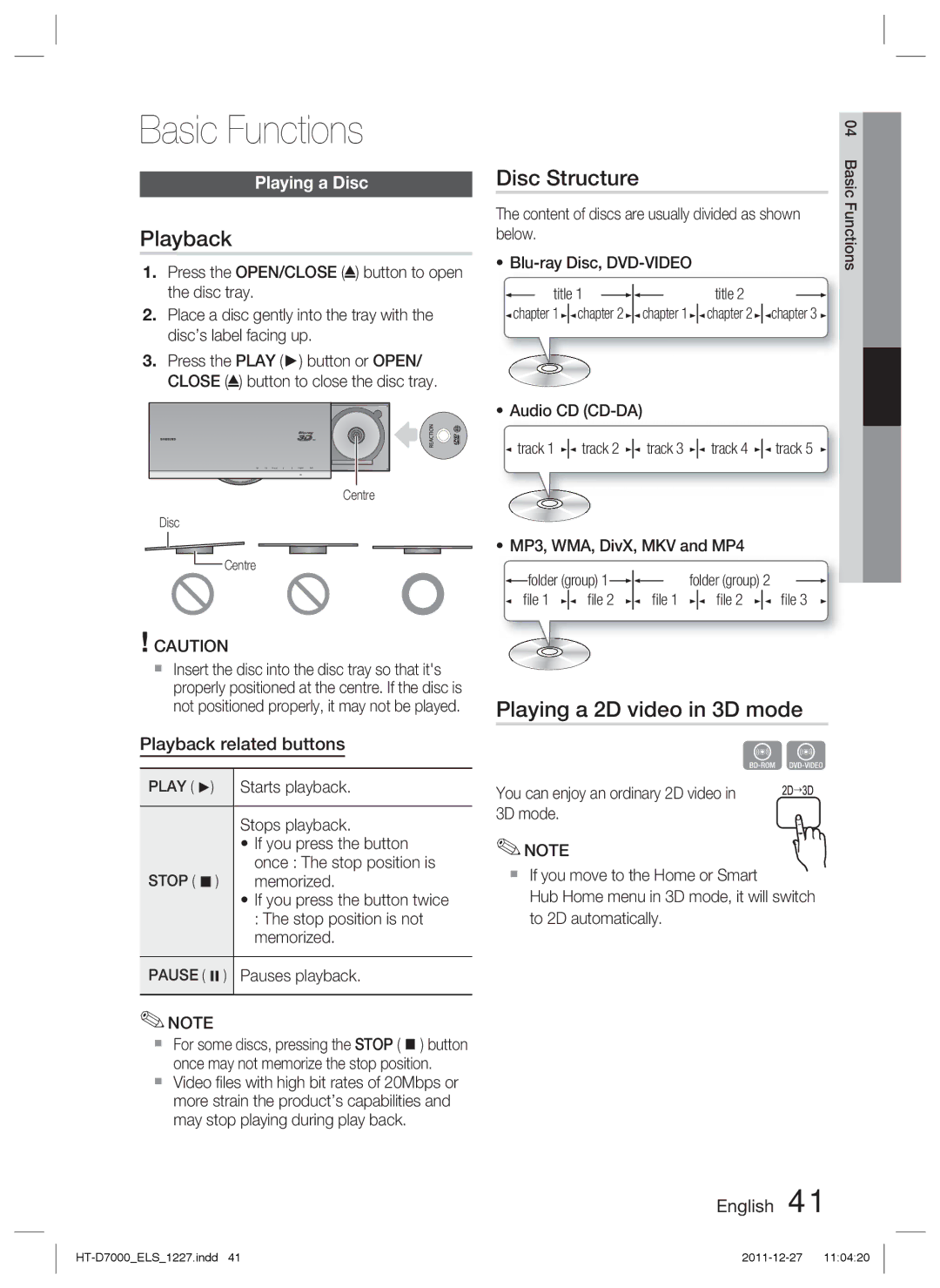 Samsung HT-D7000/EN, HT-D7000/XN Basic Functions, Playback, Disc Structure, Playing a 2D video in 3D mode, Playing a Disc 