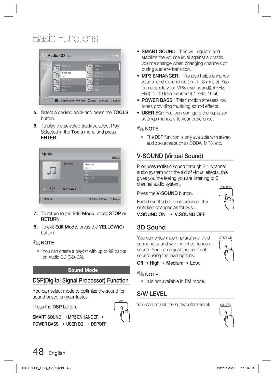 Samsung HT-D7000/XN, HT-D7000/EN, HT-D7000/ZF, HT-D7000/XE manual Sound Virtual Sound, 3D Sound, Sound Mode 