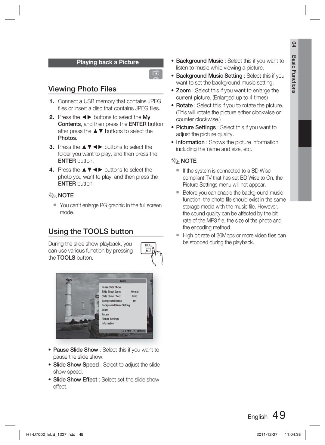 Samsung HT-D7000/EN, HT-D7000/XN, HT-D7000/ZF manual Viewing Photo Files, Using the Tools button, Playing back a Picture 