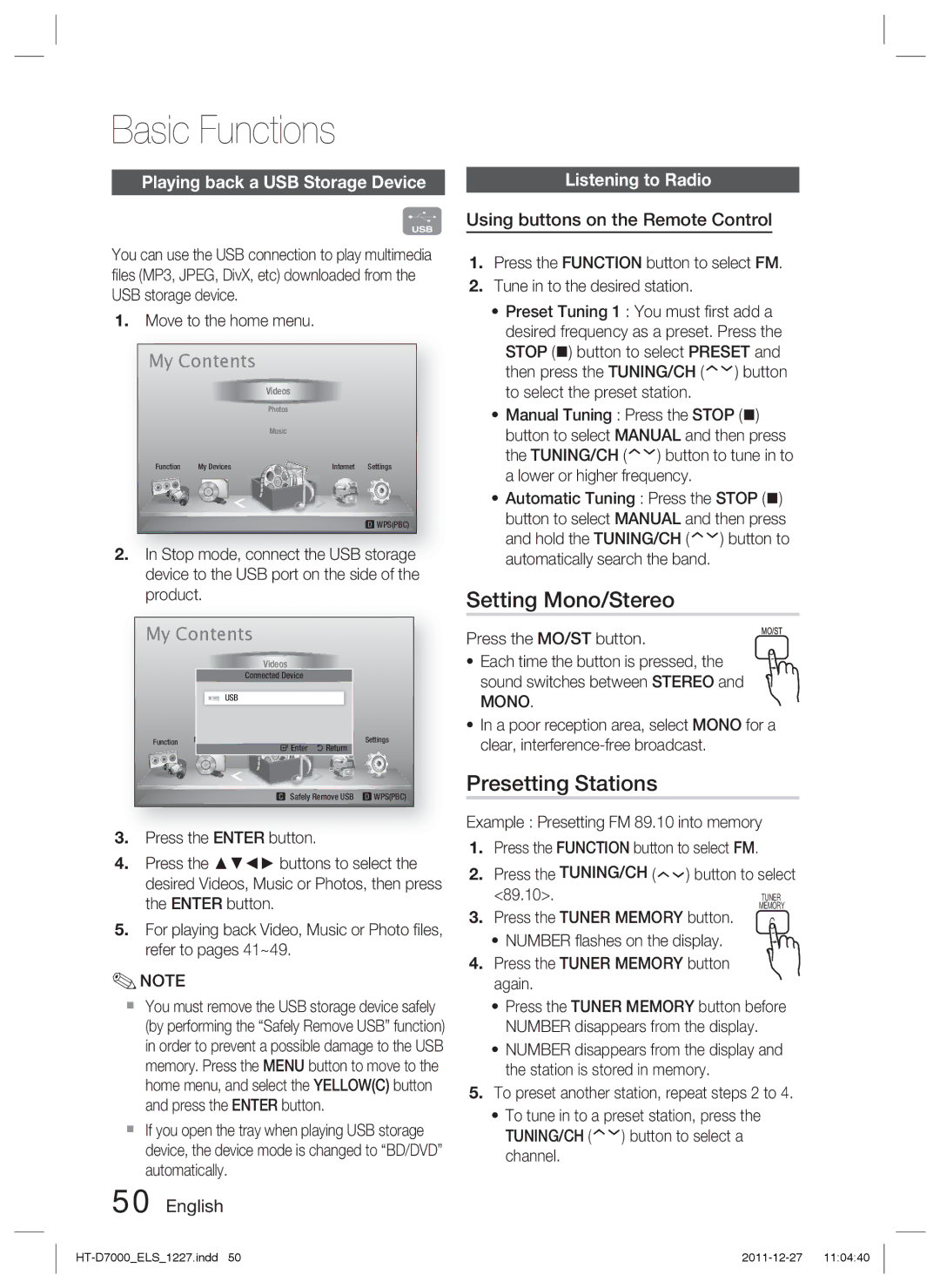 Samsung HT-D7000/ZF manual Setting Mono/Stereo, Presetting Stations, Playing back a USB Storage Device, Listening to Radio 