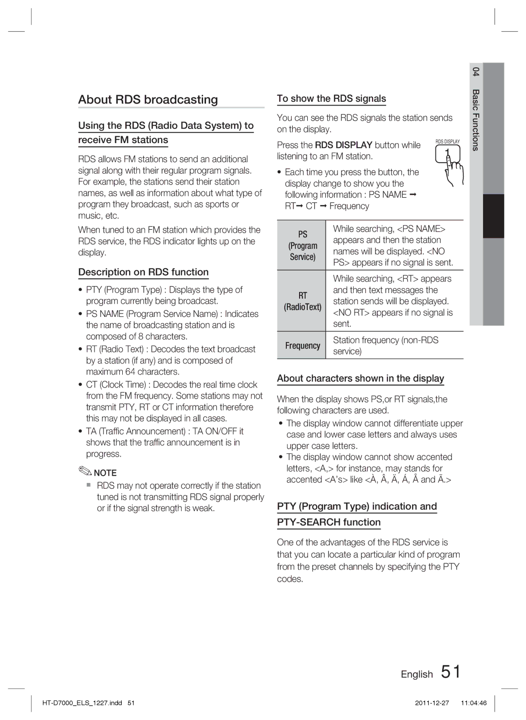 Samsung HT-D7000/XE, HT-D7000/XN, HT-D7000/EN, HT-D7000/ZF manual About RDS broadcasting 