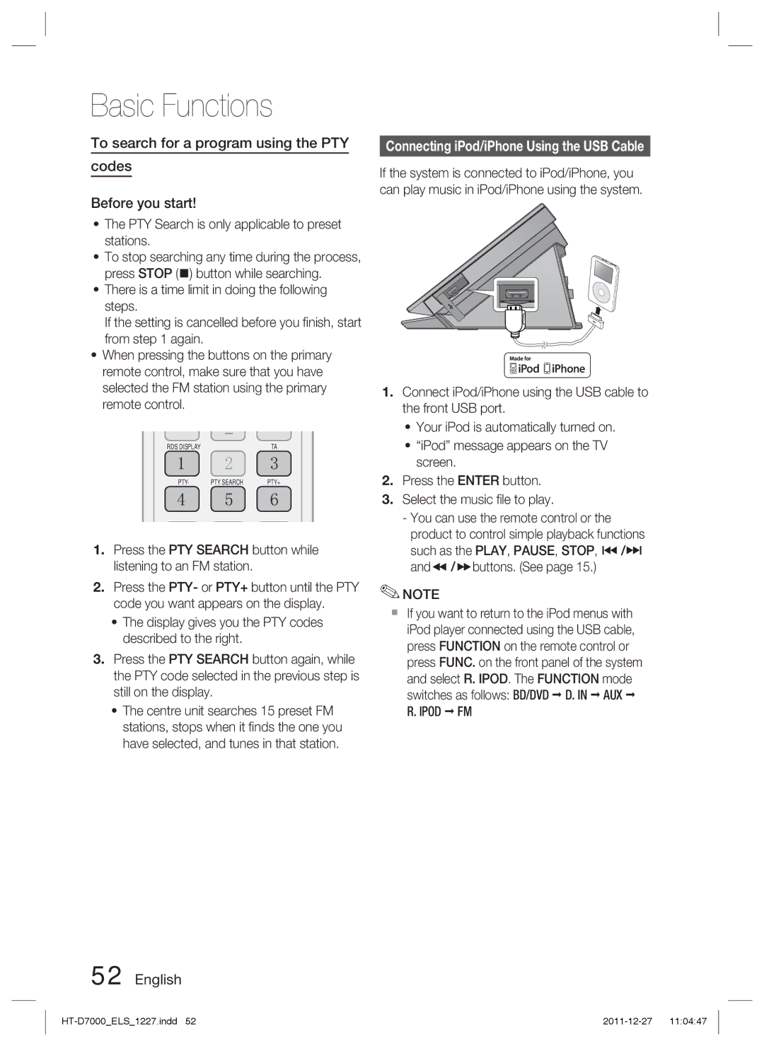 Samsung HT-D7000/XN Connecting iPod/iPhone Using the USB Cable, PTY Search is only applicable to preset stations, Ipod FM 