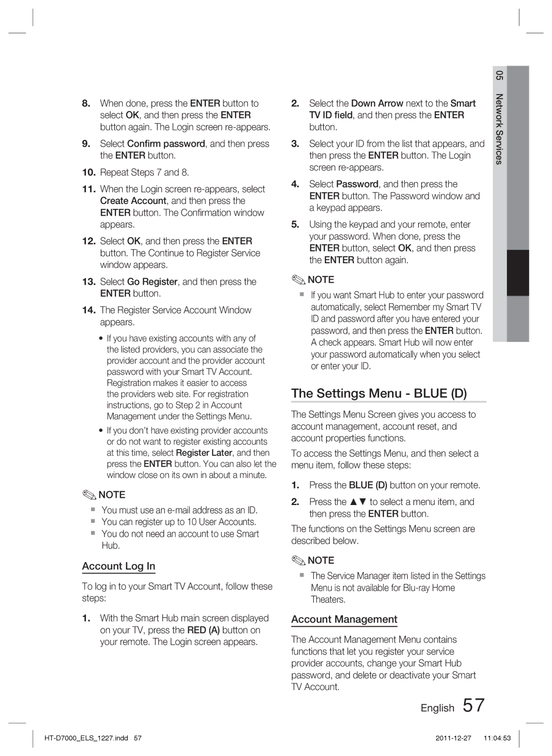 Samsung HT-D7000/EN, HT-D7000/XN, HT-D7000/ZF, HT-D7000/XE manual Settings Menu Blue D, Account Log, Account Management 