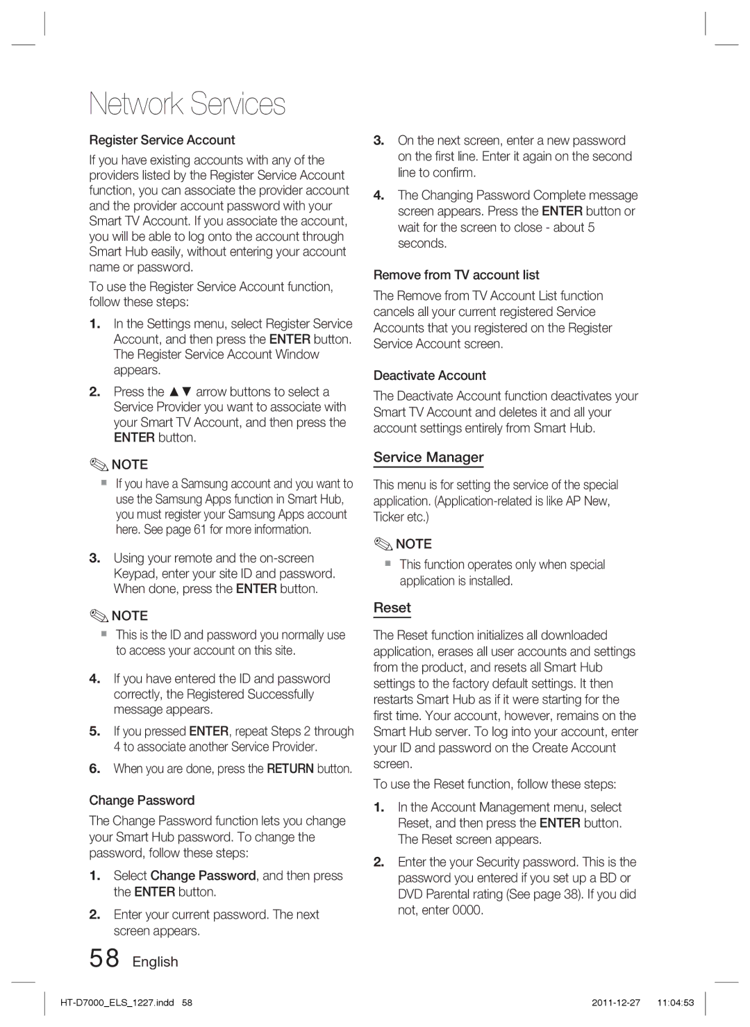 Samsung HT-D7000/ZF, HT-D7000/XN, HT-D7000/EN, HT-D7000/XE manual Service Manager, Reset, Register Service Account 