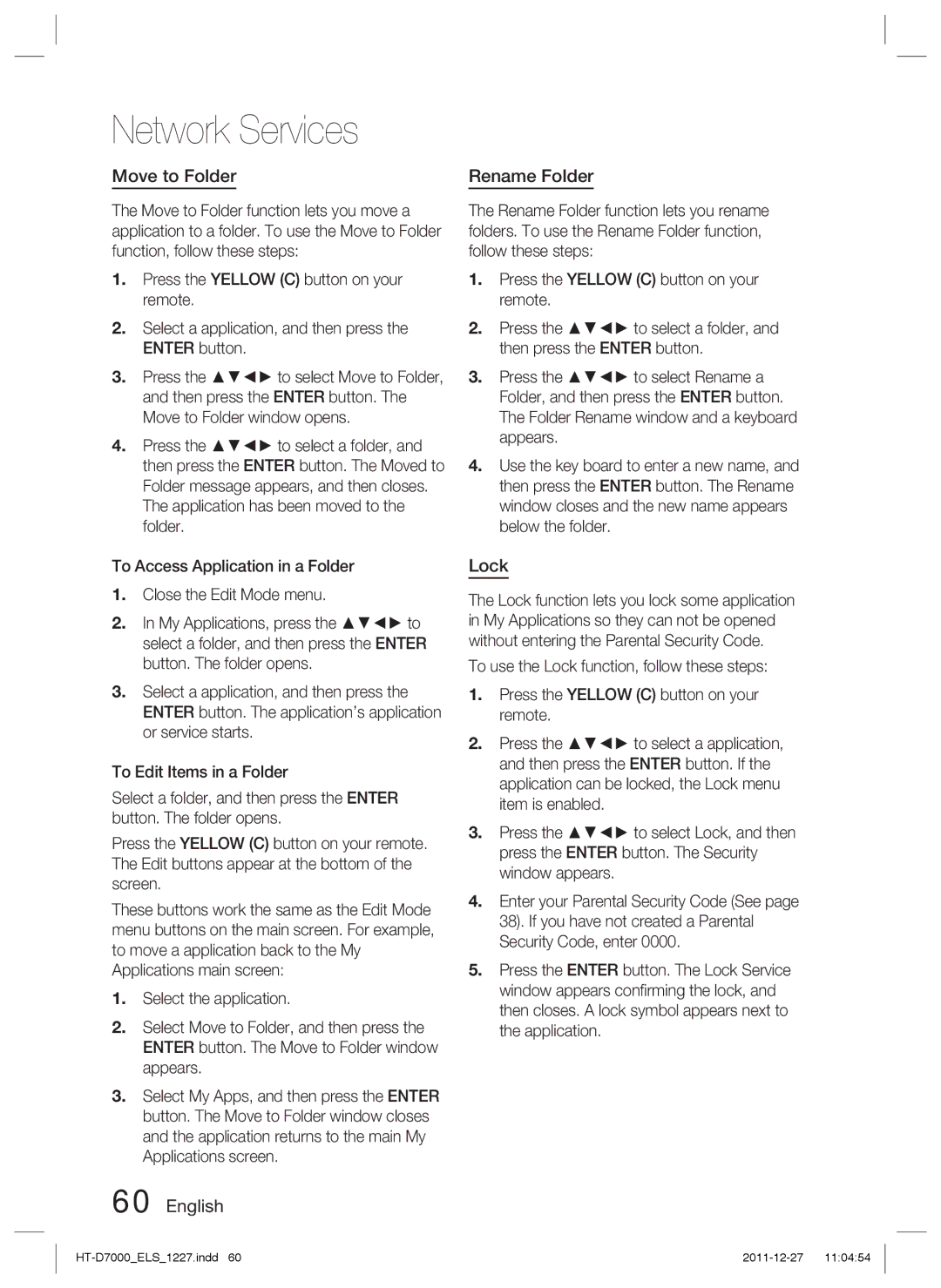 Samsung HT-D7000/XN, HT-D7000/EN, HT-D7000/ZF, HT-D7000/XE manual Move to Folder, English Rename Folder, Lock 