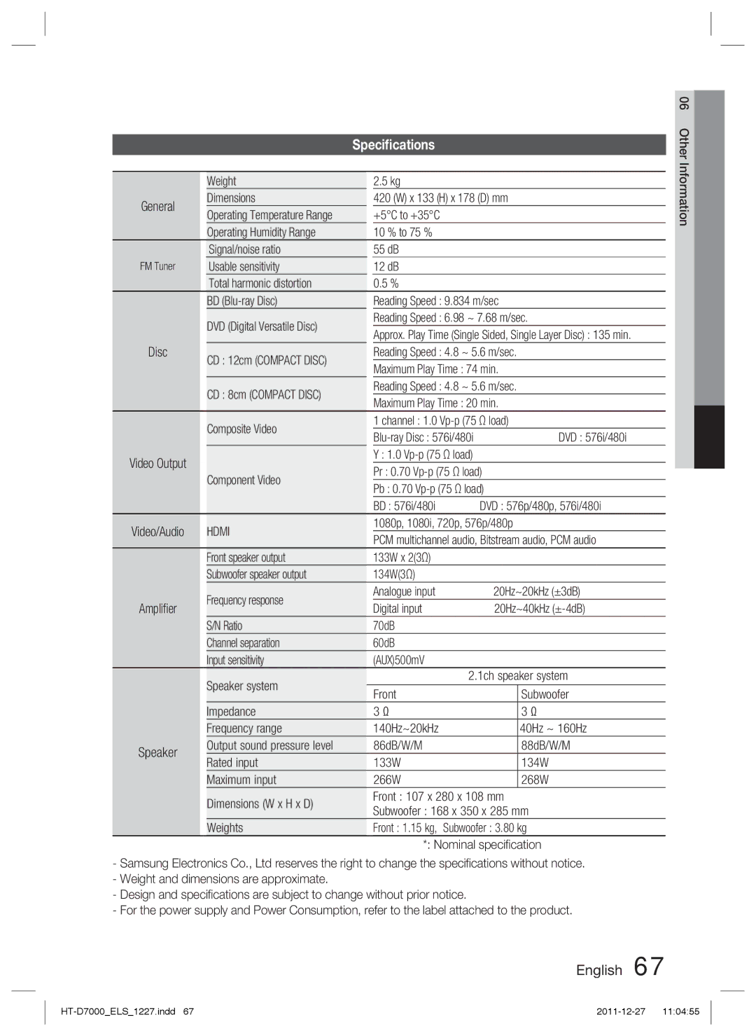 Samsung HT-D7000/XE, HT-D7000/XN, HT-D7000/EN, HT-D7000/ZF manual Speciﬁcations 