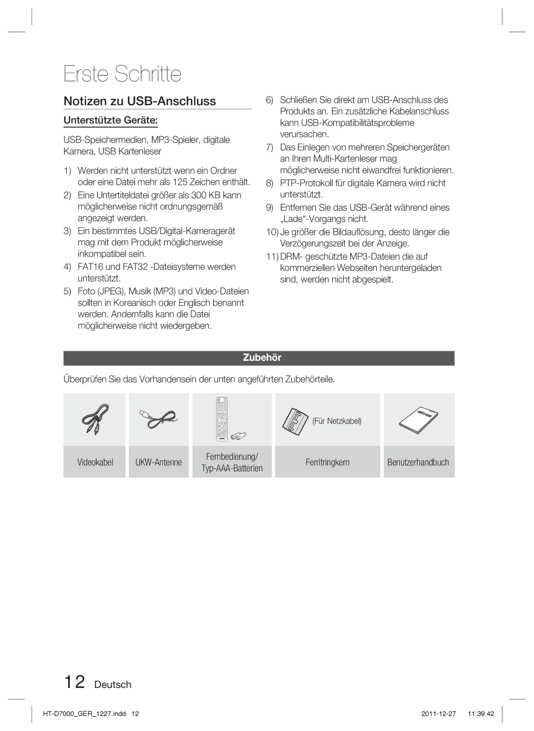 Samsung HT-D7000/XN, HT-D7000/EN, HT-D7000/ZF manual Notizen zu USB-Anschluss, Unterstützte Geräte, Zubehör 