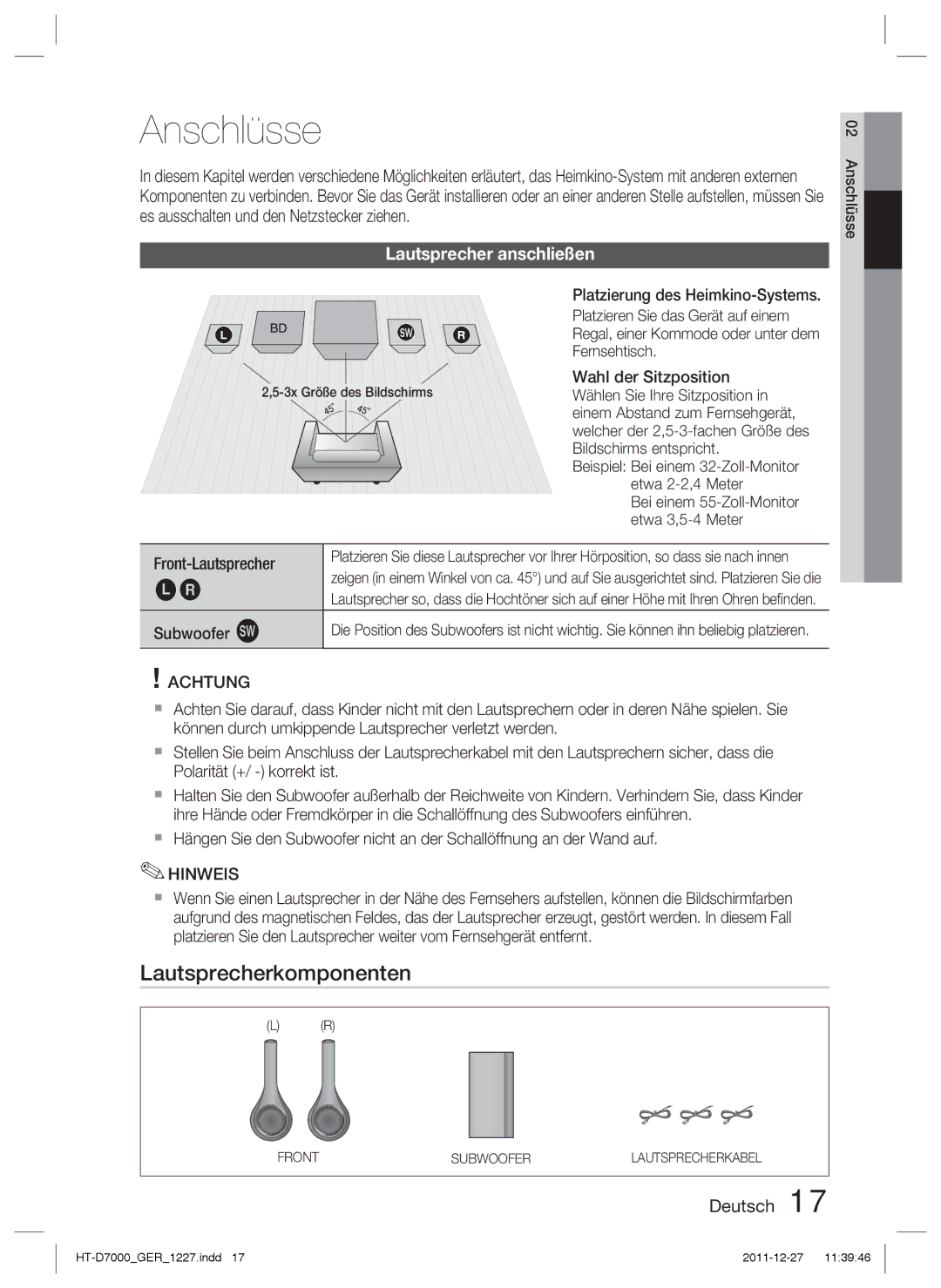 Samsung HT-D7000/ZF manual Anschlüsse, Lautsprecherkomponenten, Lautsprecher anschließen, Front-Lautsprecher Subwoofer g 