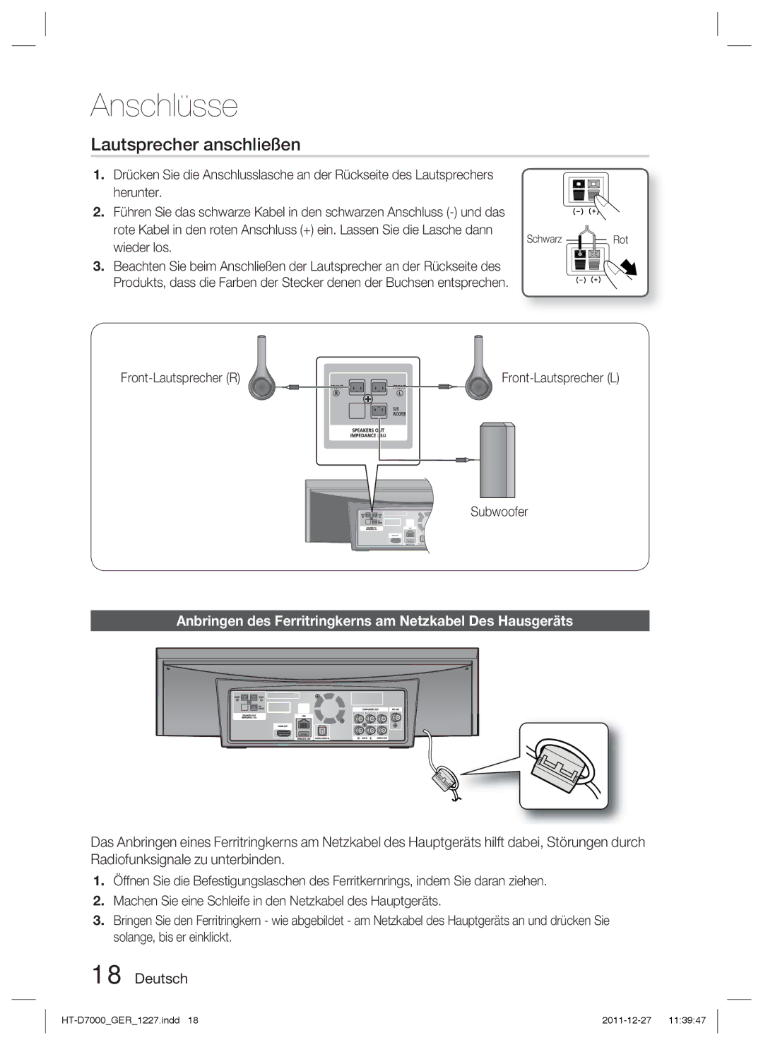 Samsung HT-D7000/XN manual Lautsprecher anschließen, Anbringen des Ferritringkerns am Netzkabel Des Hausgeräts, Subwoofer 