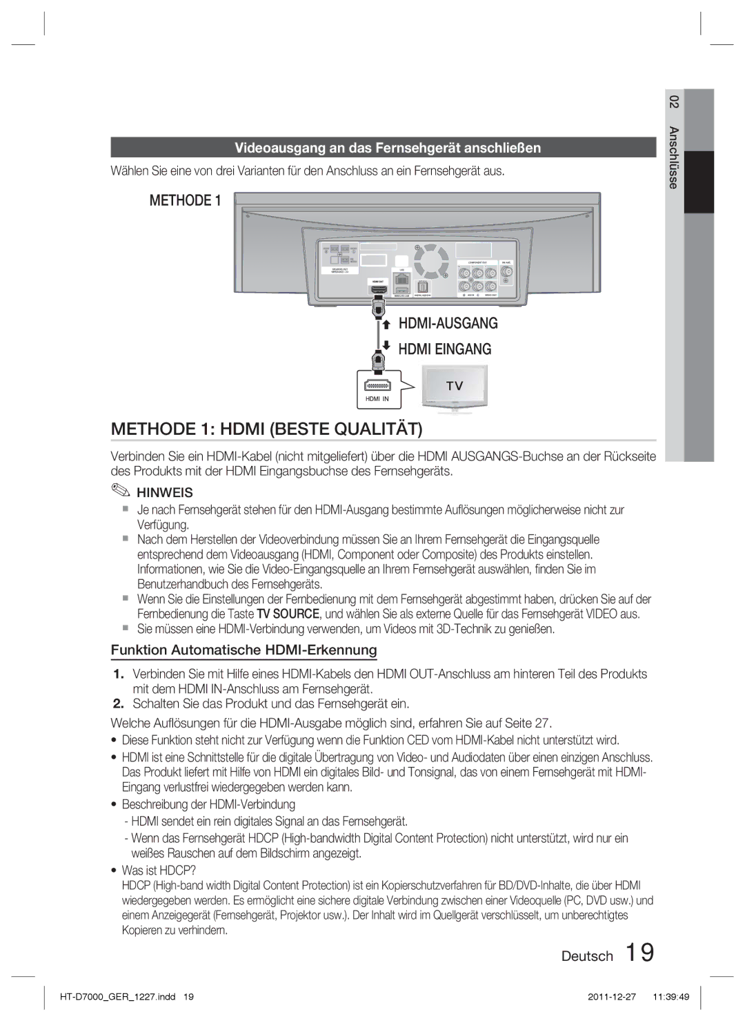 Samsung HT-D7000/EN, HT-D7000/XN manual Videoausgang an das Fernsehgerät anschließen, Funktion Automatische HDMI-Erkennung 