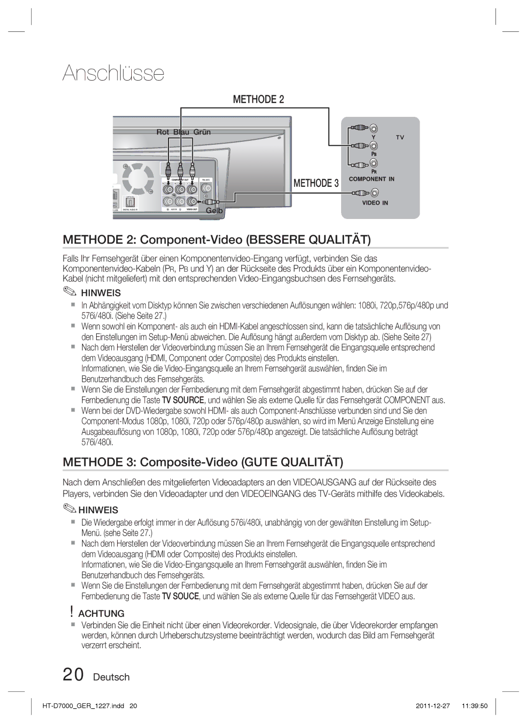 Samsung HT-D7000/ZF, HT-D7000/XN manual Methode 2 Component-Video Bessere Qualität, Methode 3 Composite-Video Gute Qualität 