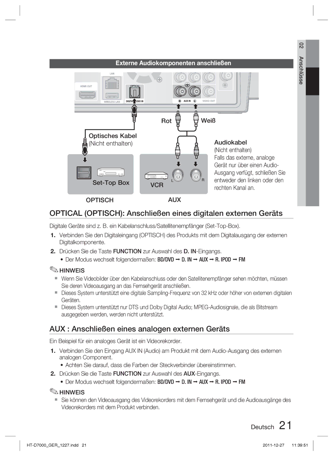 Samsung HT-D7000/XN Optical Optisch Anschließen eines digitalen externen Geräts, Externe Audiokomponenten anschließen 
