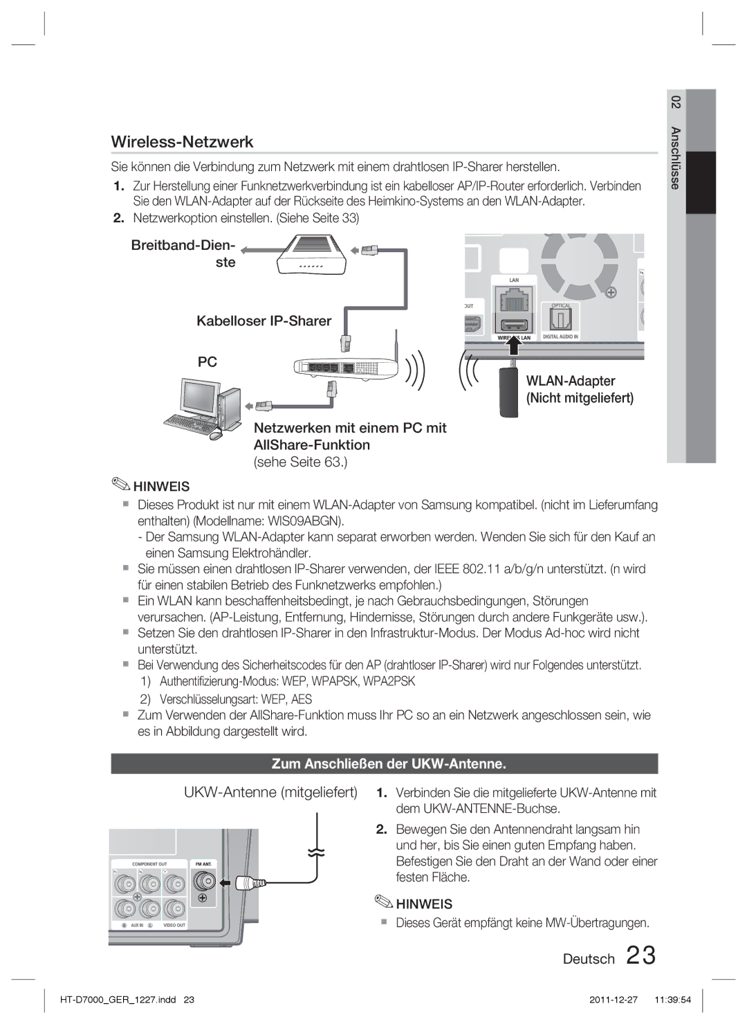 Samsung HT-D7000/ZF, HT-D7000/XN manual Kabelloser IP-Sharer, Netzwerken mit einem PC mit AllShare-Funktion Sehe Seite 