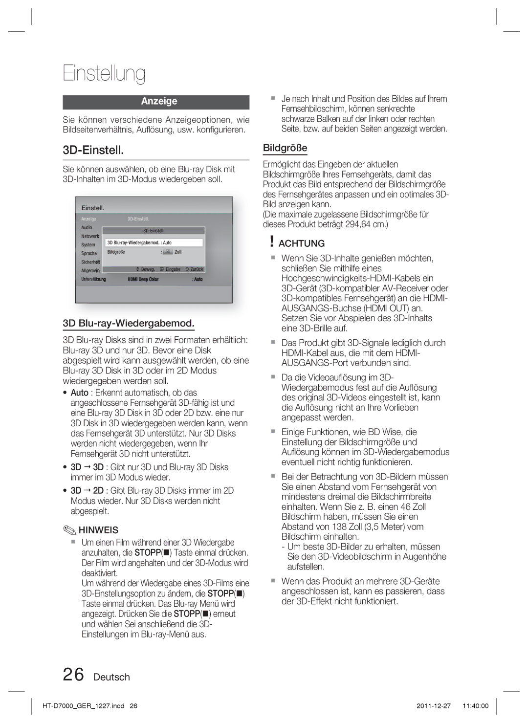 Samsung HT-D7000/ZF, HT-D7000/XN, HT-D7000/EN manual 3D-Einstell, Anzeige, 3D Blu-ray-Wiedergabemod, Deutsch Bildgröße 