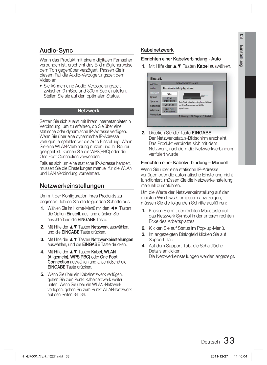 Samsung HT-D7000/XN, HT-D7000/EN, HT-D7000/ZF manual Audio-Sync, Netzwerkeinstellungen, Kabelnetzwerk 