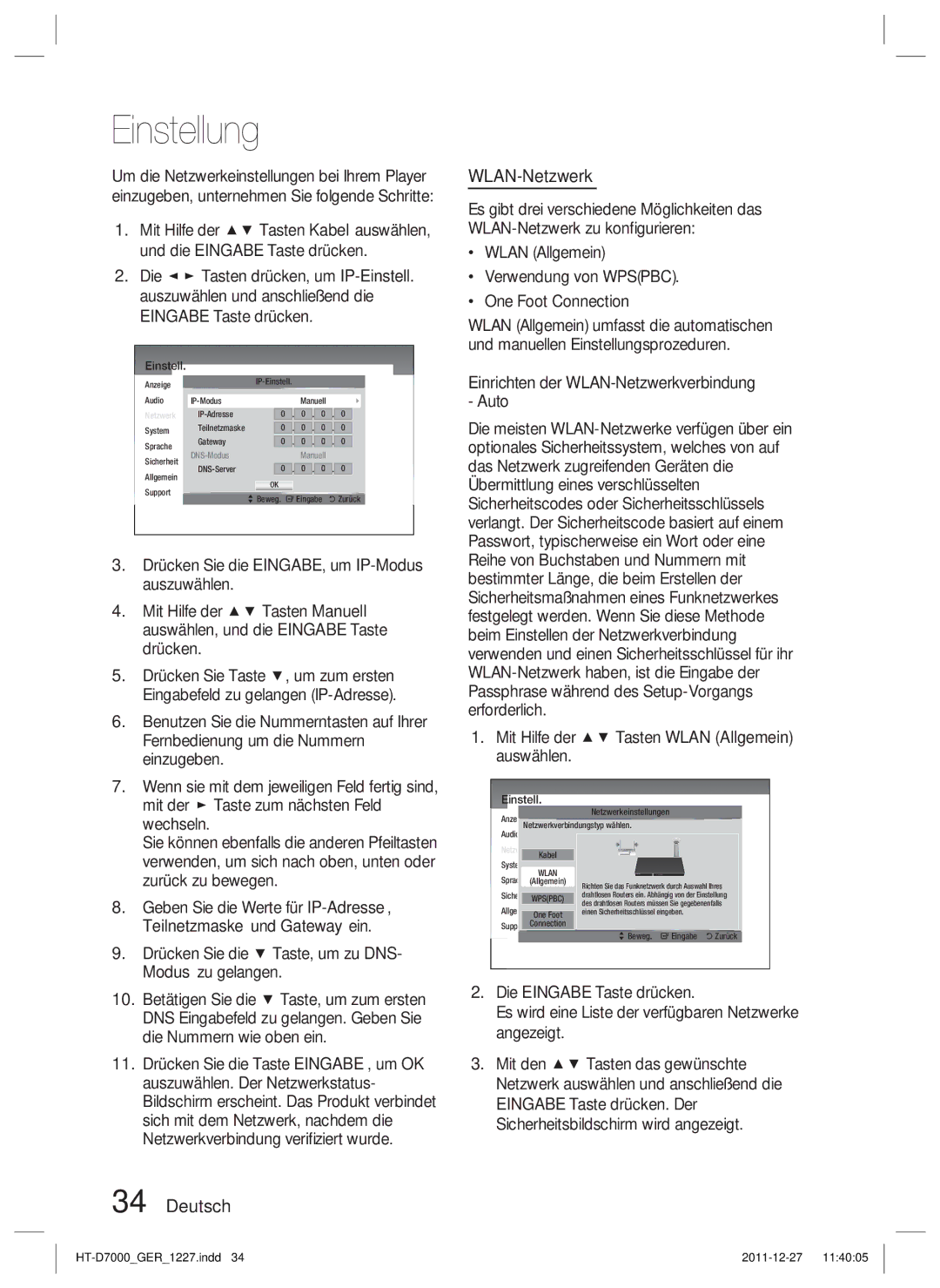 Samsung HT-D7000/EN, HT-D7000/XN, HT-D7000/ZF manual Deutsch WLAN-Netzwerk 