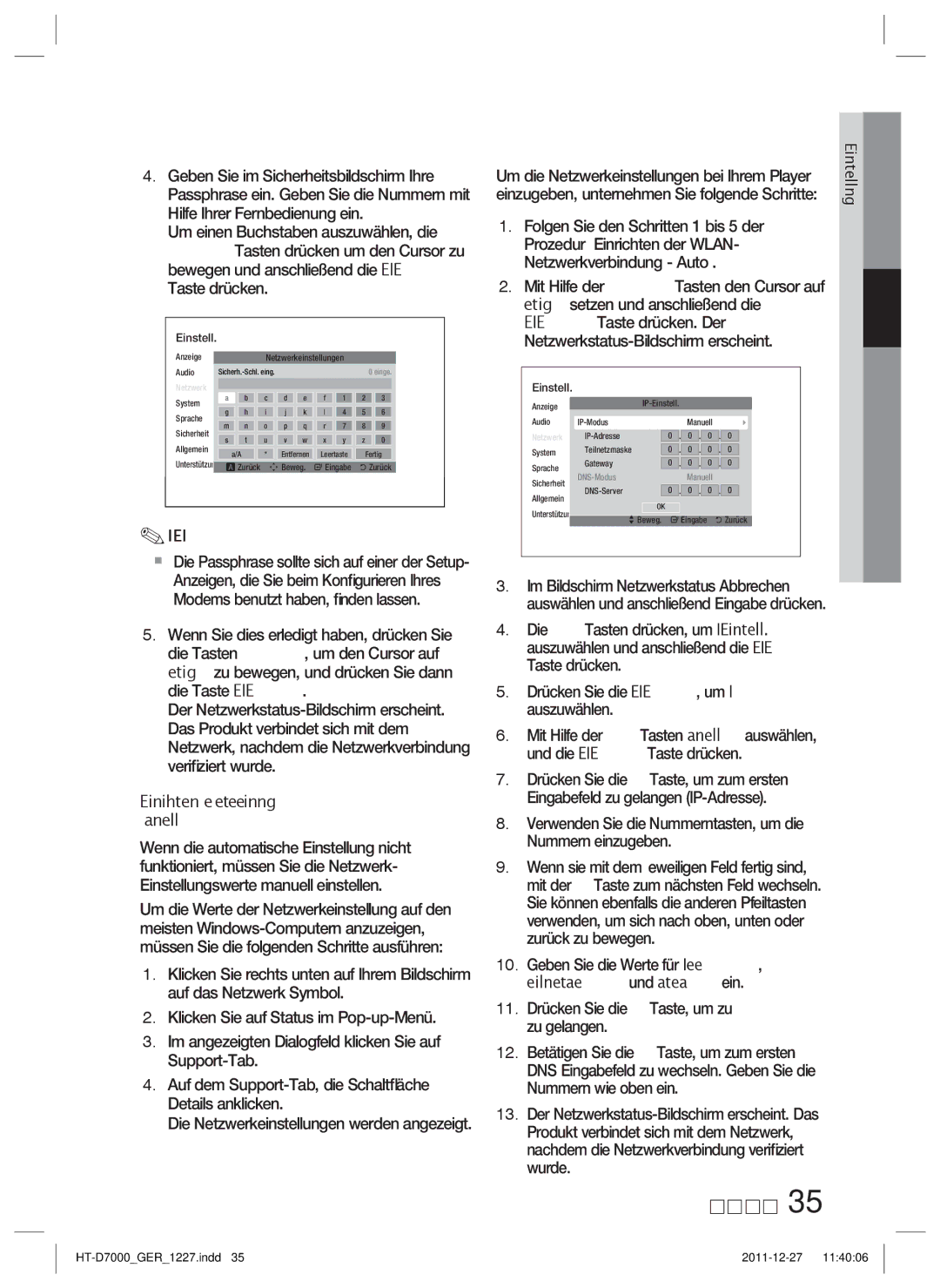 Samsung HT-D7000/ZF, HT-D7000/XN, HT-D7000/EN manual Anzeige Netzwerkeinstellungen Audio 