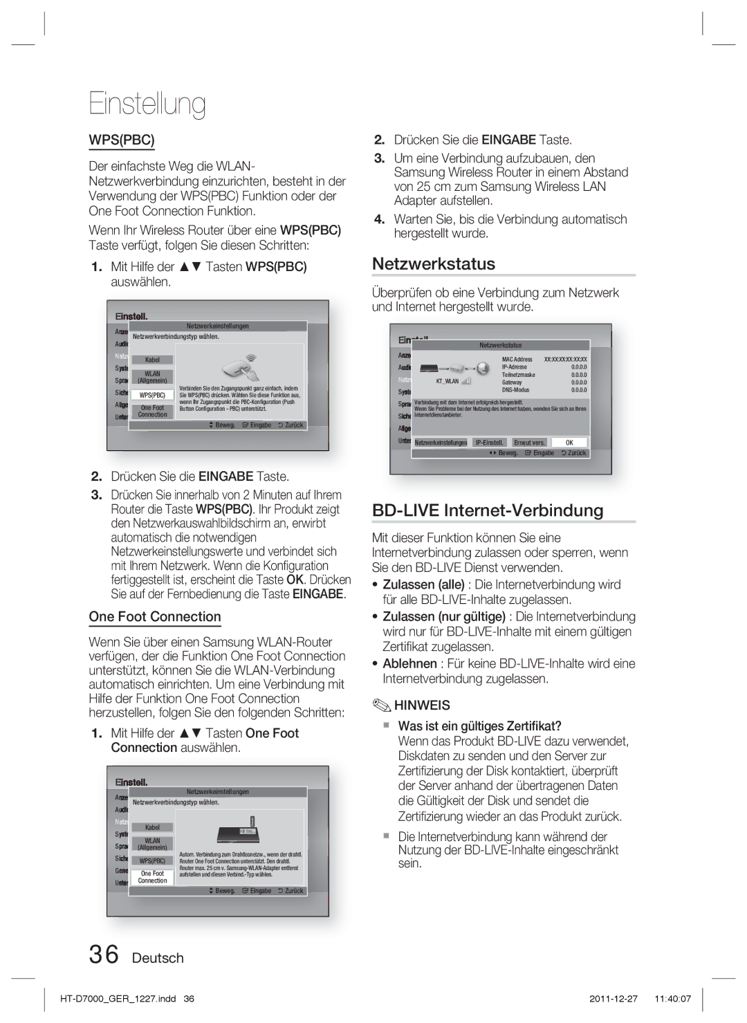 Samsung HT-D7000/XN, HT-D7000/EN, HT-D7000/ZF manual Netzwerkstatus, BD-LIVE Internet-Verbindung, One Foot Connection 