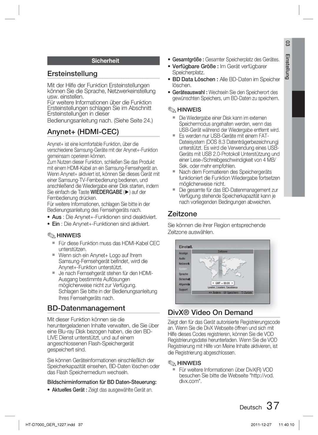 Samsung HT-D7000/EN, HT-D7000/XN Ersteinstellung, Anynet+ HDMI-CEC, BD-Datenmanagement, Zeitzone, DivX Video On Demand 