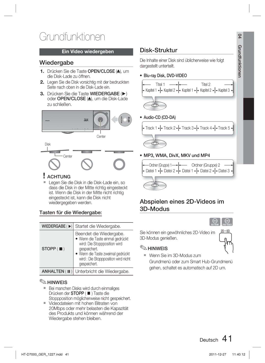 Samsung HT-D7000/ZF, HT-D7000/XN manual Grundfunktionen, Disk-Struktur, Ein Video wiedergeben, Tasten für die Wiedergabe 