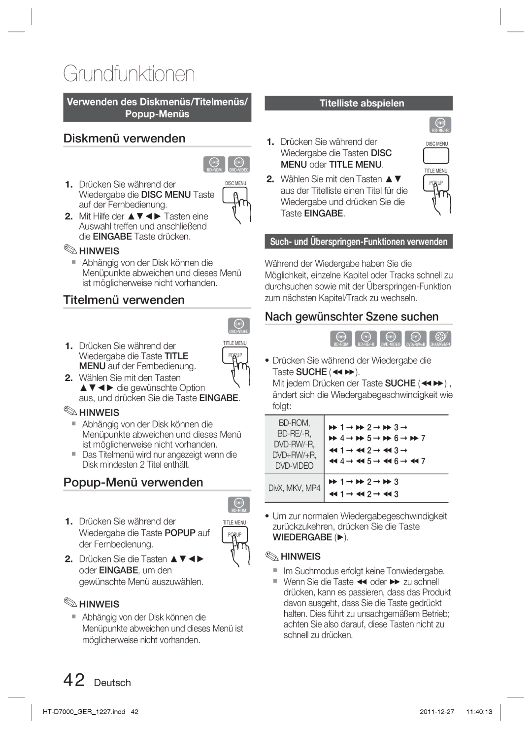 Samsung HT-D7000/XN manual Diskmenü verwenden, Titelmenü verwenden, Popup-Menü verwenden, Nach gewünschter Szene suchen 