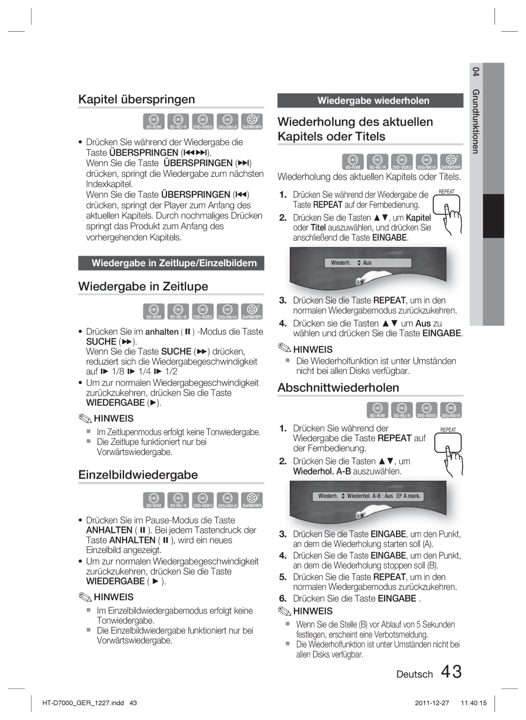 Samsung HT-D7000/EN, HT-D7000/XN Kapitel überspringen, Wiedergabe in Zeitlupe, Einzelbildwiedergabe, Abschnittwiederholen 