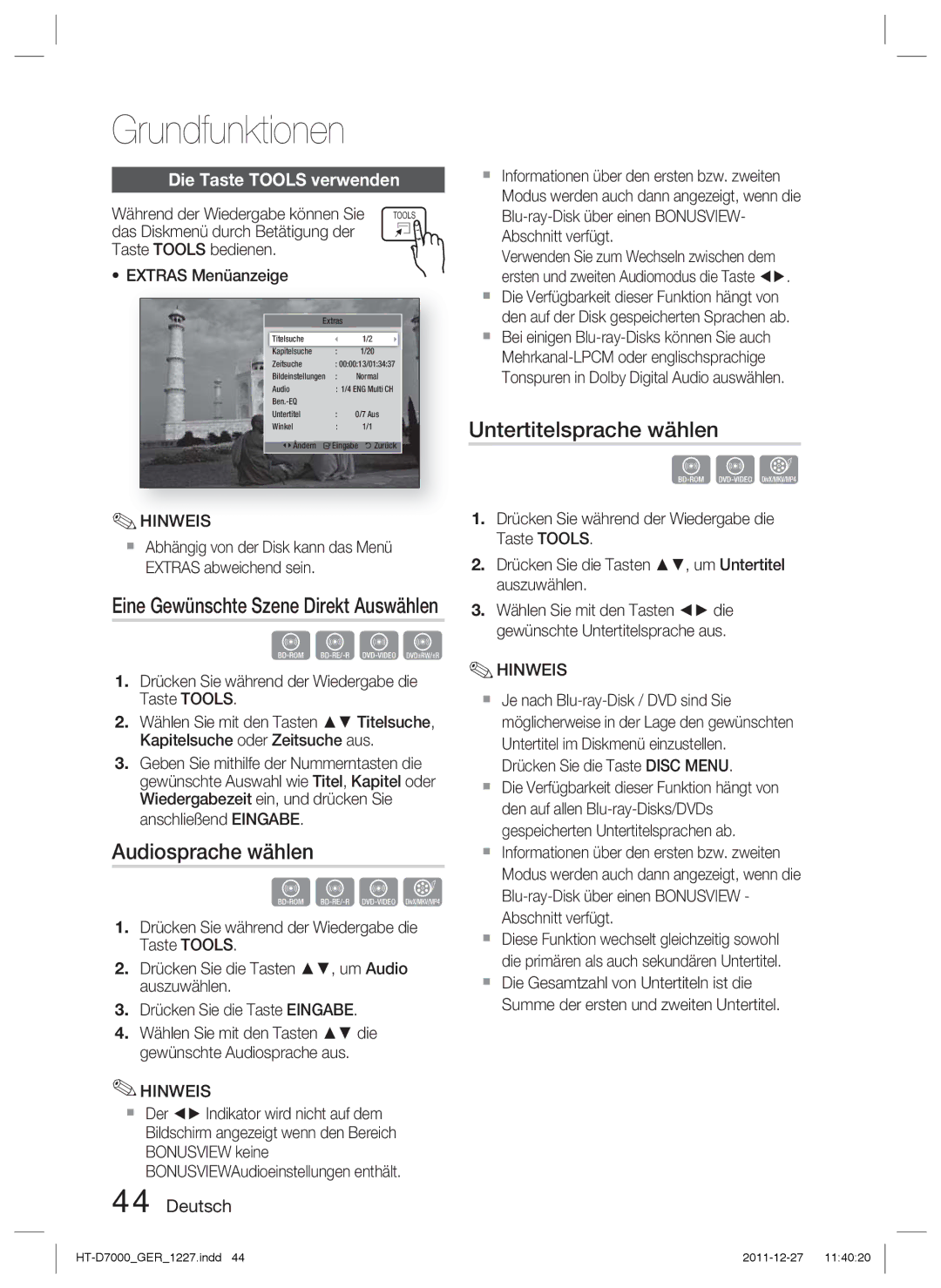 Samsung HT-D7000/ZF, HT-D7000/XN, HT-D7000/EN manual Audiosprache wählen, Untertitelsprache wählen, Die Taste Tools verwenden 