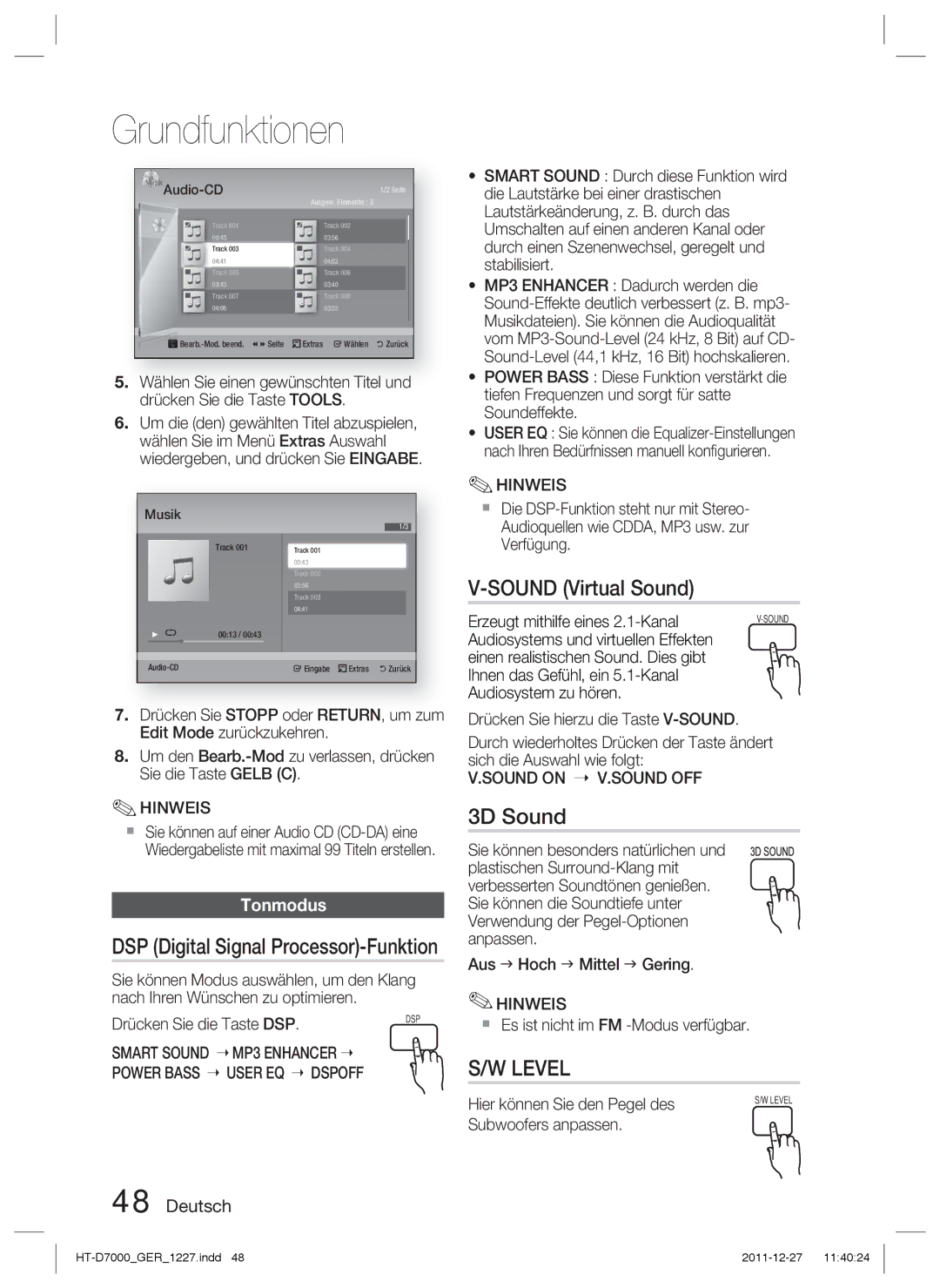 Samsung HT-D7000/XN manual Sound Virtual Sound, 3D Sound, Tonmodus, Smart Sound MP3 Enhancer Power Bass User EQ Dspoff 