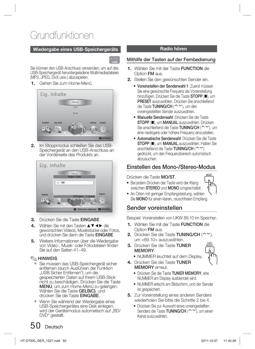 Samsung HT-D7000/ZF manual Einstellen des Mono-/Stereo-Modus, Sender voreinstellen, Wiedergabe eines USB-Speichergeräts 