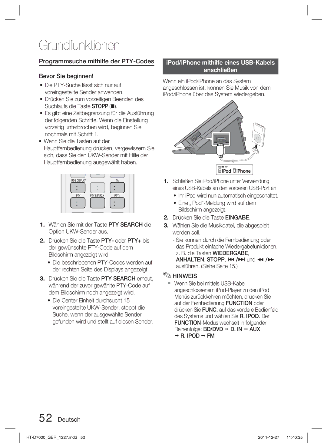 Samsung HT-D7000/EN, HT-D7000/XN, HT-D7000/ZF manual Programmsuche mithilfe der PTY-Codes Bevor Sie beginnen, Ipod FM 