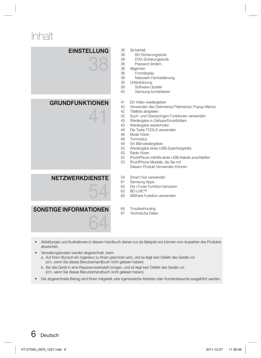 Samsung HT-D7000/XN, HT-D7000/EN, HT-D7000/ZF manual Netzwerkdienste Sonstige Informationen 