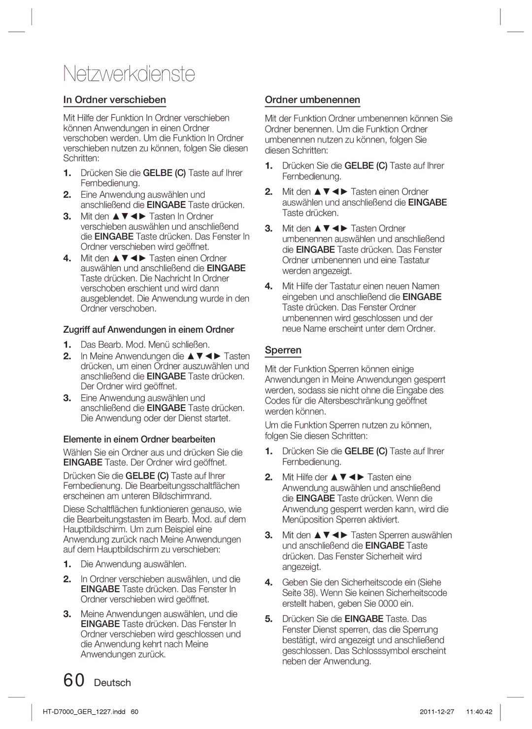 Samsung HT-D7000/XN, HT-D7000/EN, HT-D7000/ZF manual Ordner verschieben, Deutsch Ordner umbenennen, Sperren 