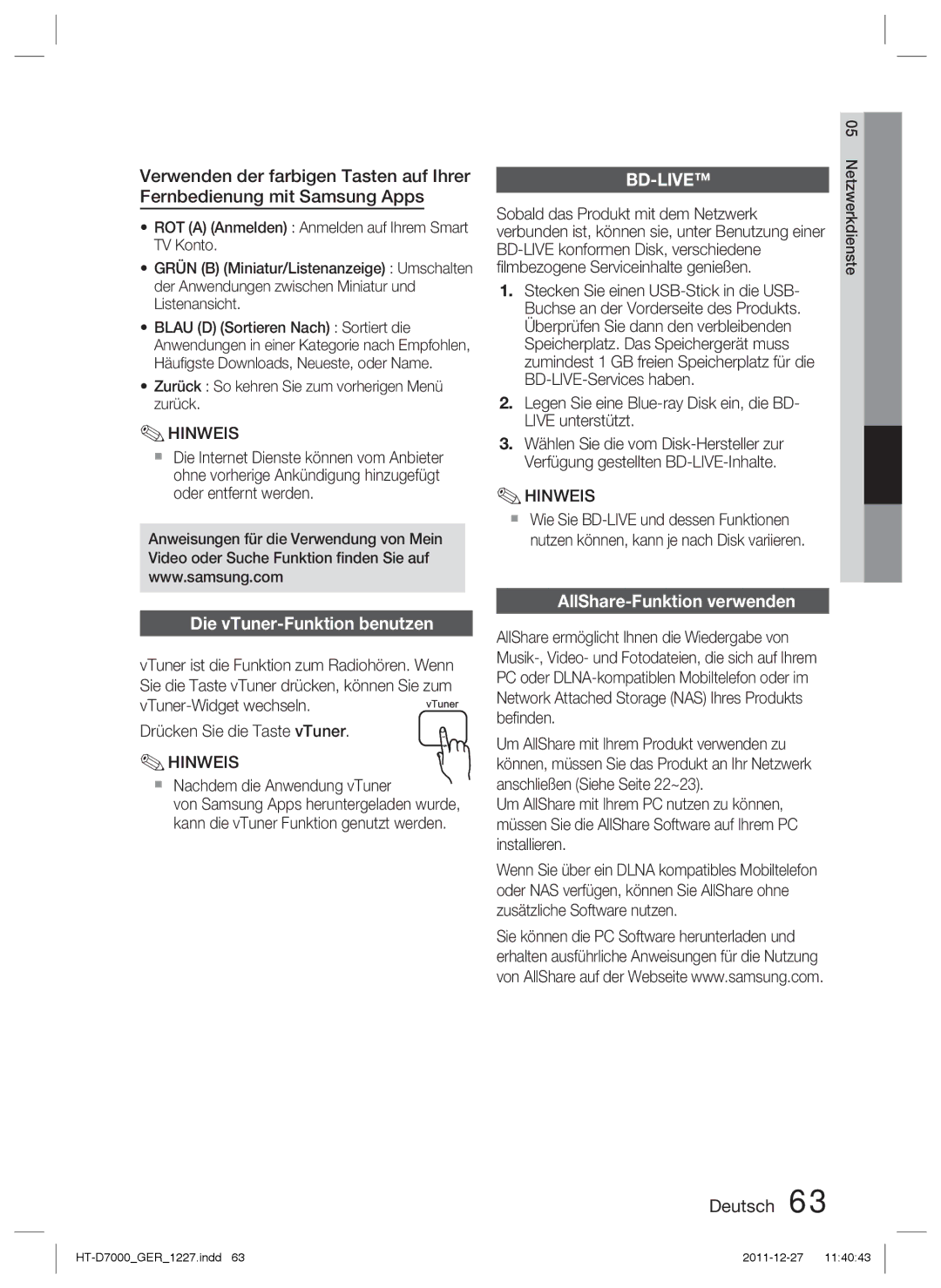 Samsung HT-D7000/XN, HT-D7000/EN Die vTuner-Funktion benutzen, AllShare-Funktion verwenden,  Nachdem die Anwendung vTuner 