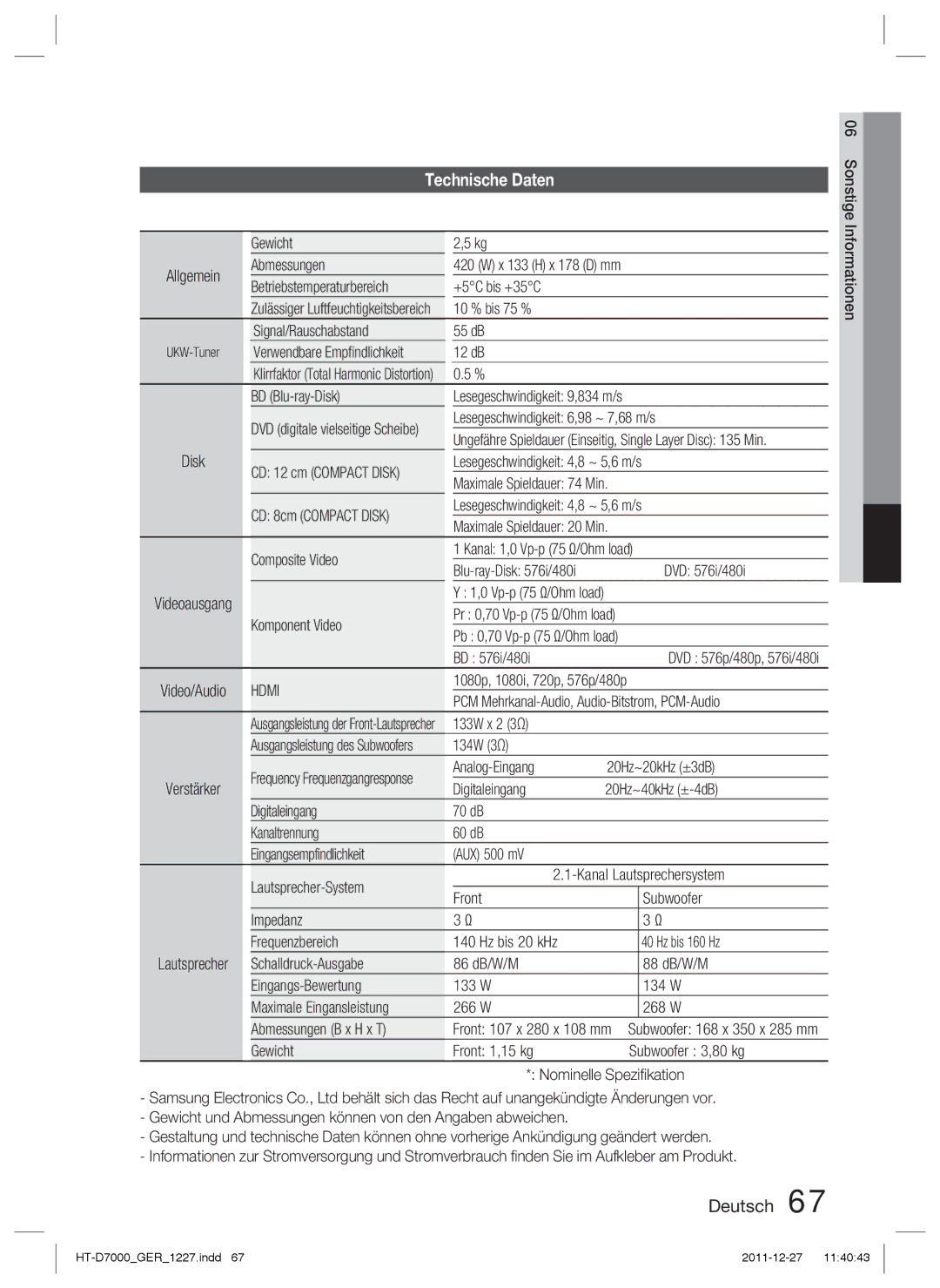 Samsung HT-D7000/EN, HT-D7000/XN, HT-D7000/ZF manual Technische Daten, Hdmi 