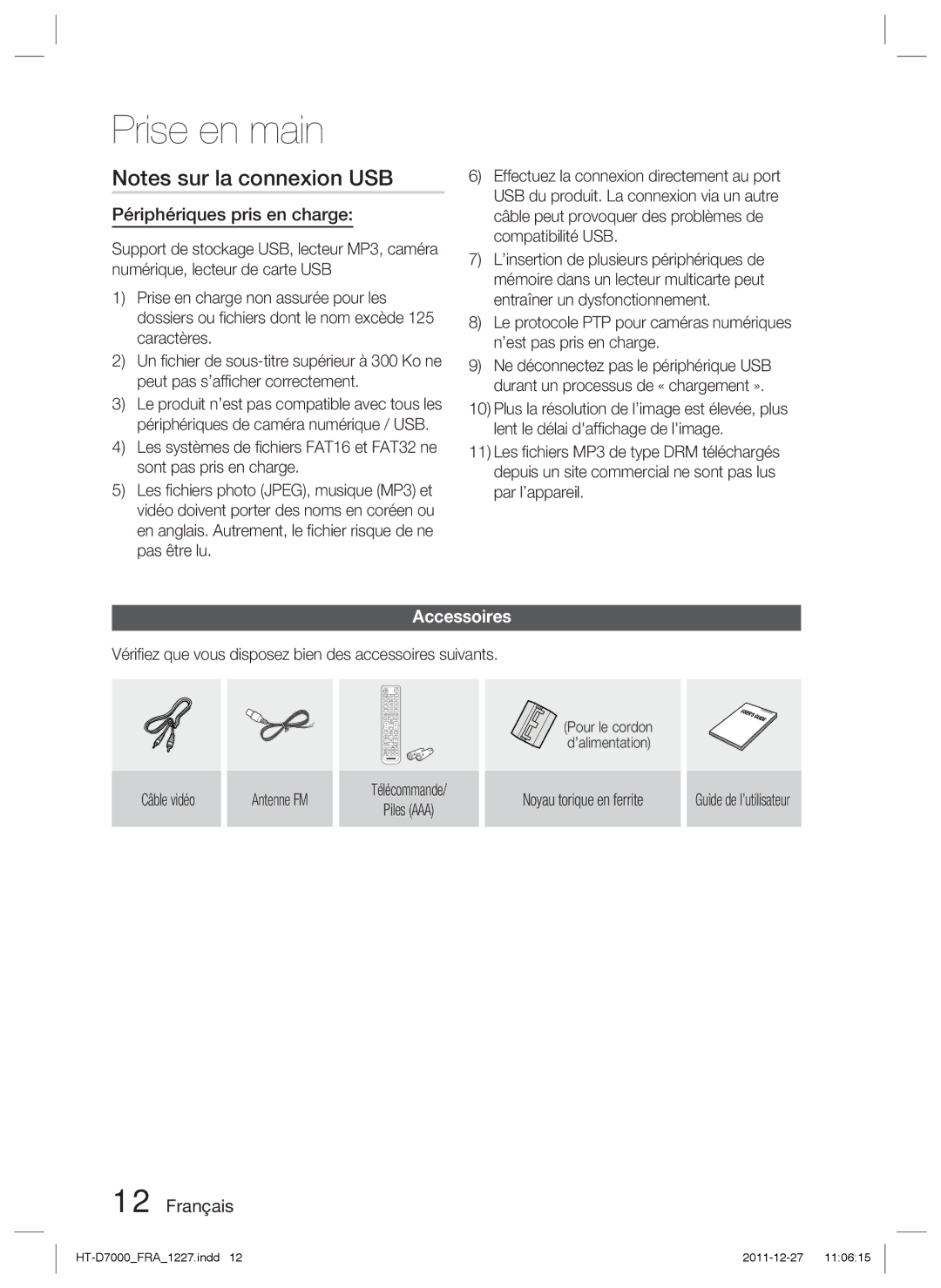 Samsung HT-D7000/ZF Périphériques pris en charge, Accessoires, Vériﬁez que vous disposez bien des accessoires suivants 