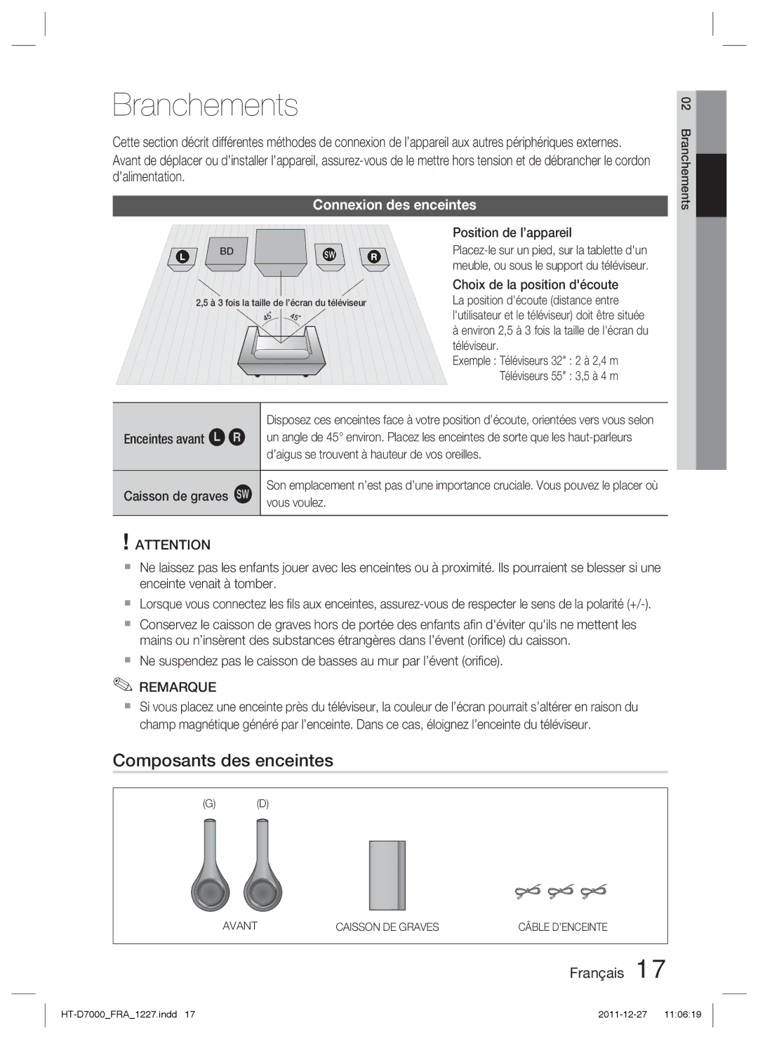 Samsung HT-D7000/ZF manual Branchements, Composants des enceintes, Connexion des enceintes 