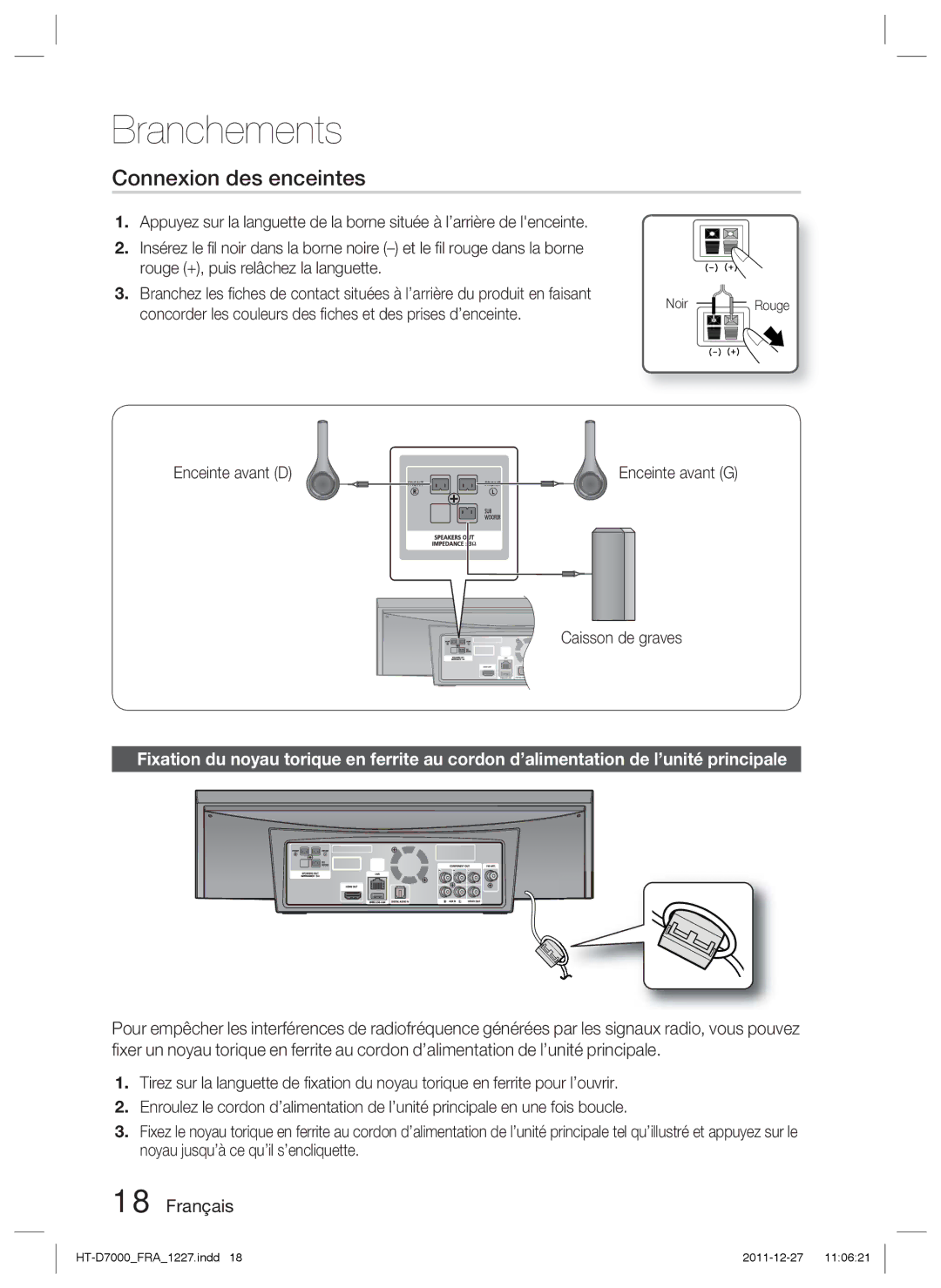 Samsung HT-D7000/ZF manual Connexion des enceintes, Enceinte avant D, Caisson de graves, Noir Rouge, Enceinte avant G 