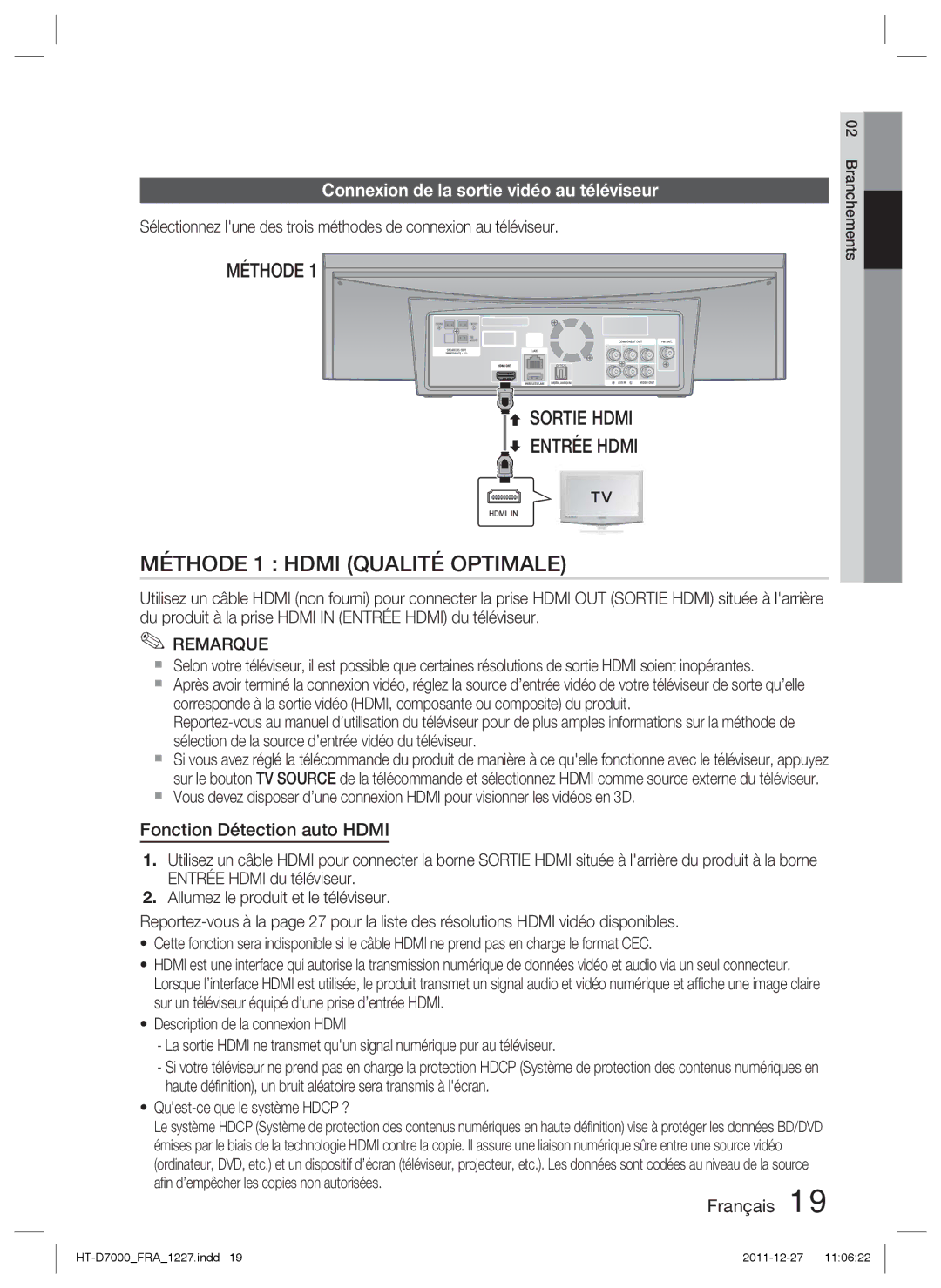 Samsung HT-D7000/ZF manual Connexion de la sortie vidéo au téléviseur, Fonction Détection auto Hdmi 