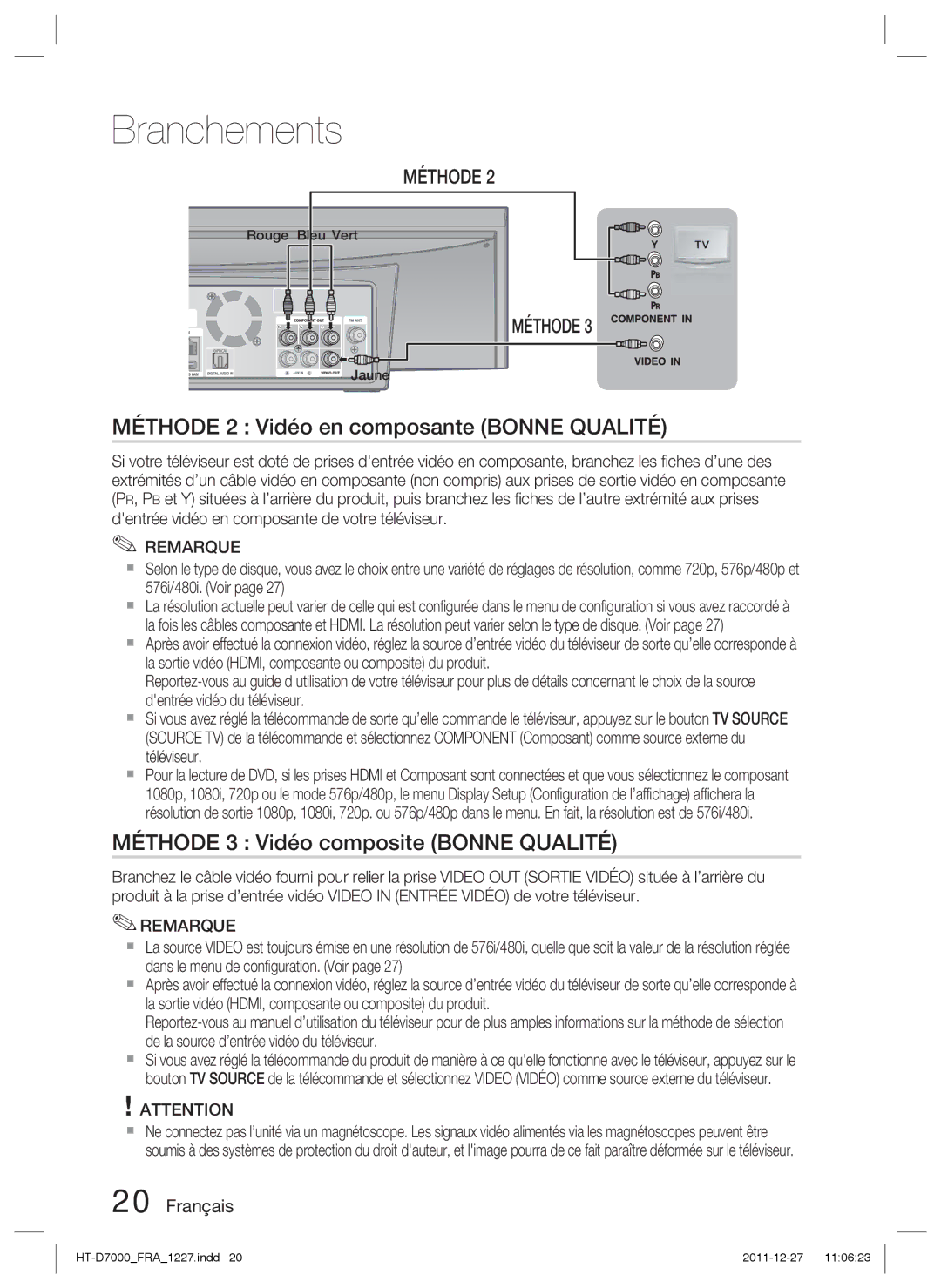 Samsung HT-D7000/ZF Méthode 2 Vidéo en composante Bonne Qualité, Méthode 3 Vidéo composite Bonne Qualité, Rouge Bleu Vert 