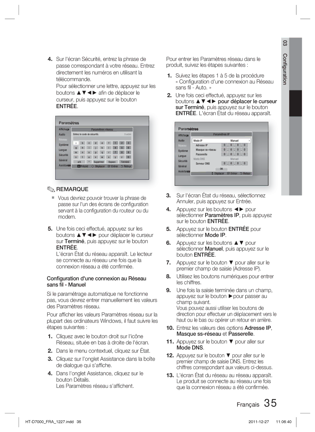 Samsung HT-D7000/ZF manual Produit, suivez les étapes suivantes, « Conﬁguration dune connexion au Réseau 