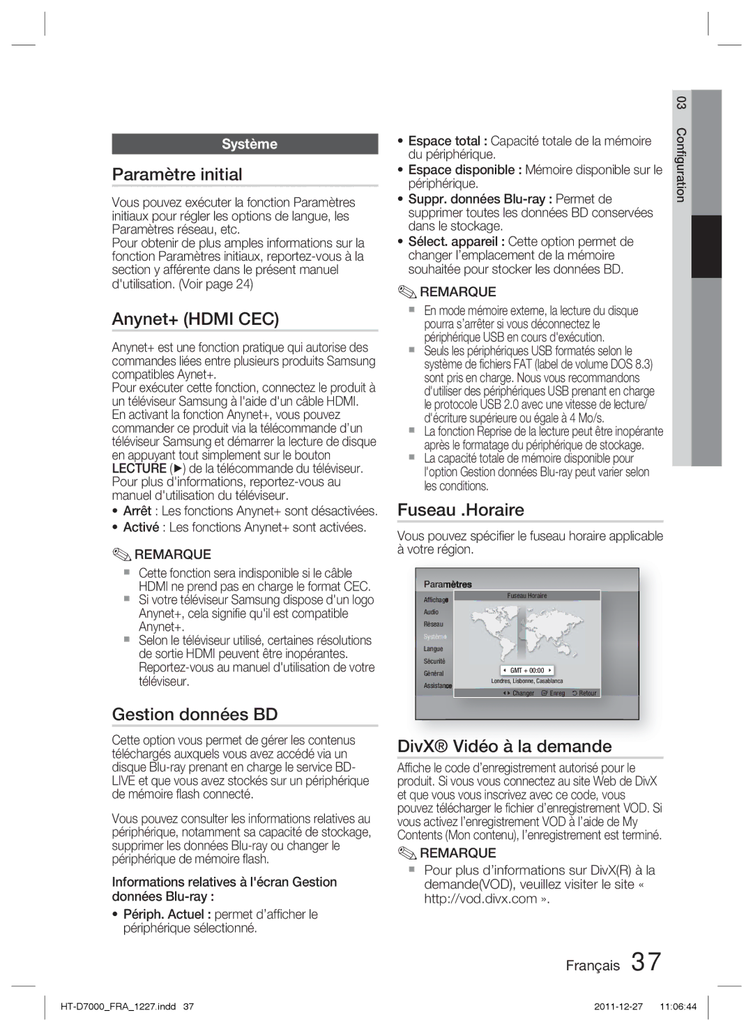 Samsung HT-D7000/ZF Paramètre initial, Anynet+ Hdmi CEC, Gestion données BD, Fuseau .Horaire, DivX Vidéo à la demande 