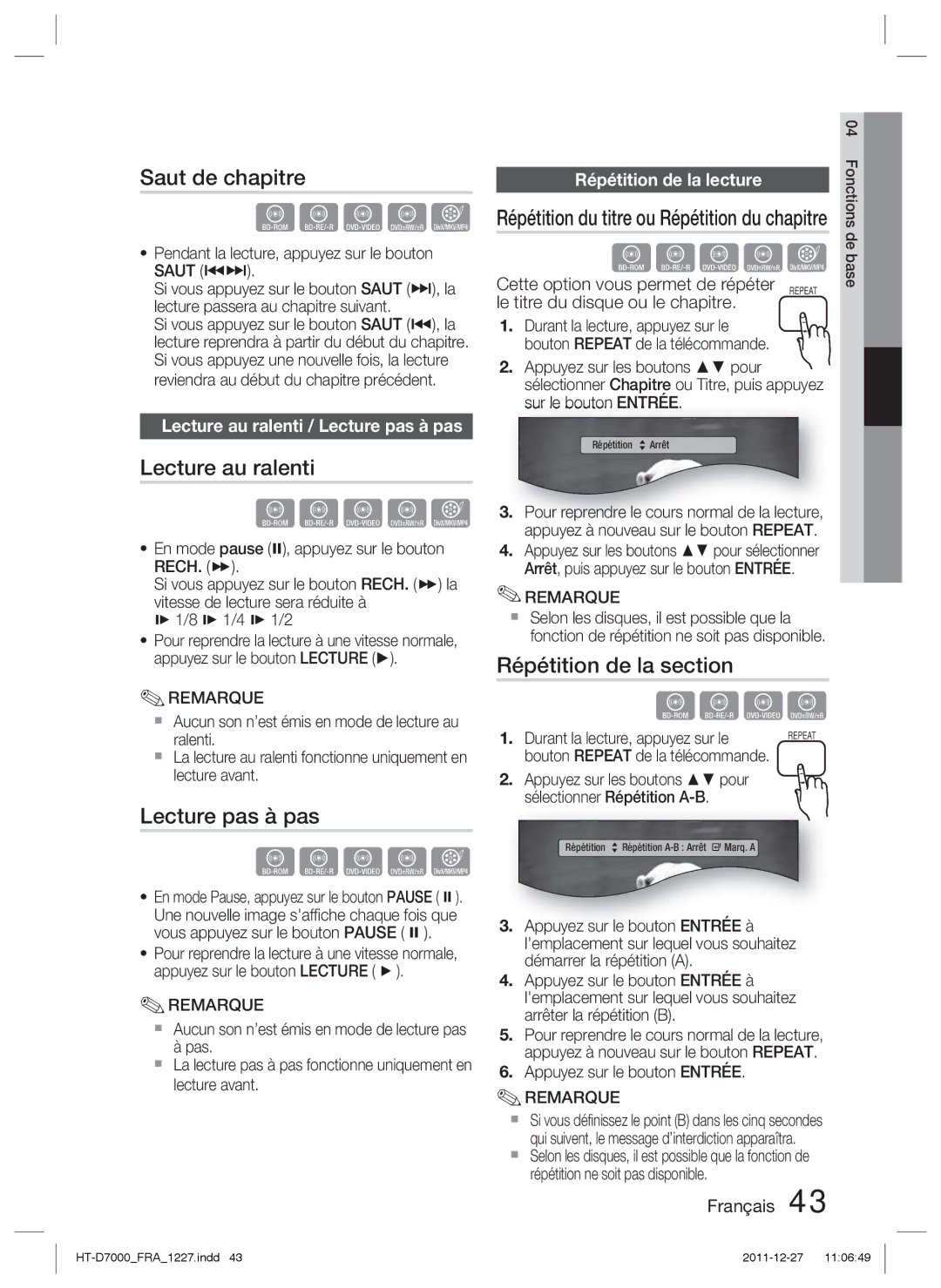 Samsung HT-D7000/ZF manual Saut de chapitre, Lecture au ralenti, Lecture pas à pas, Répétition de la section 