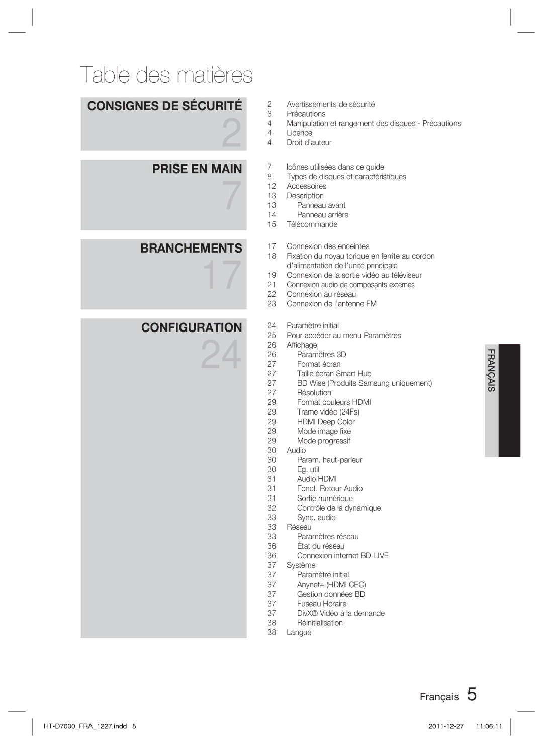 Samsung HT-D7000/ZF manual Table des matières 