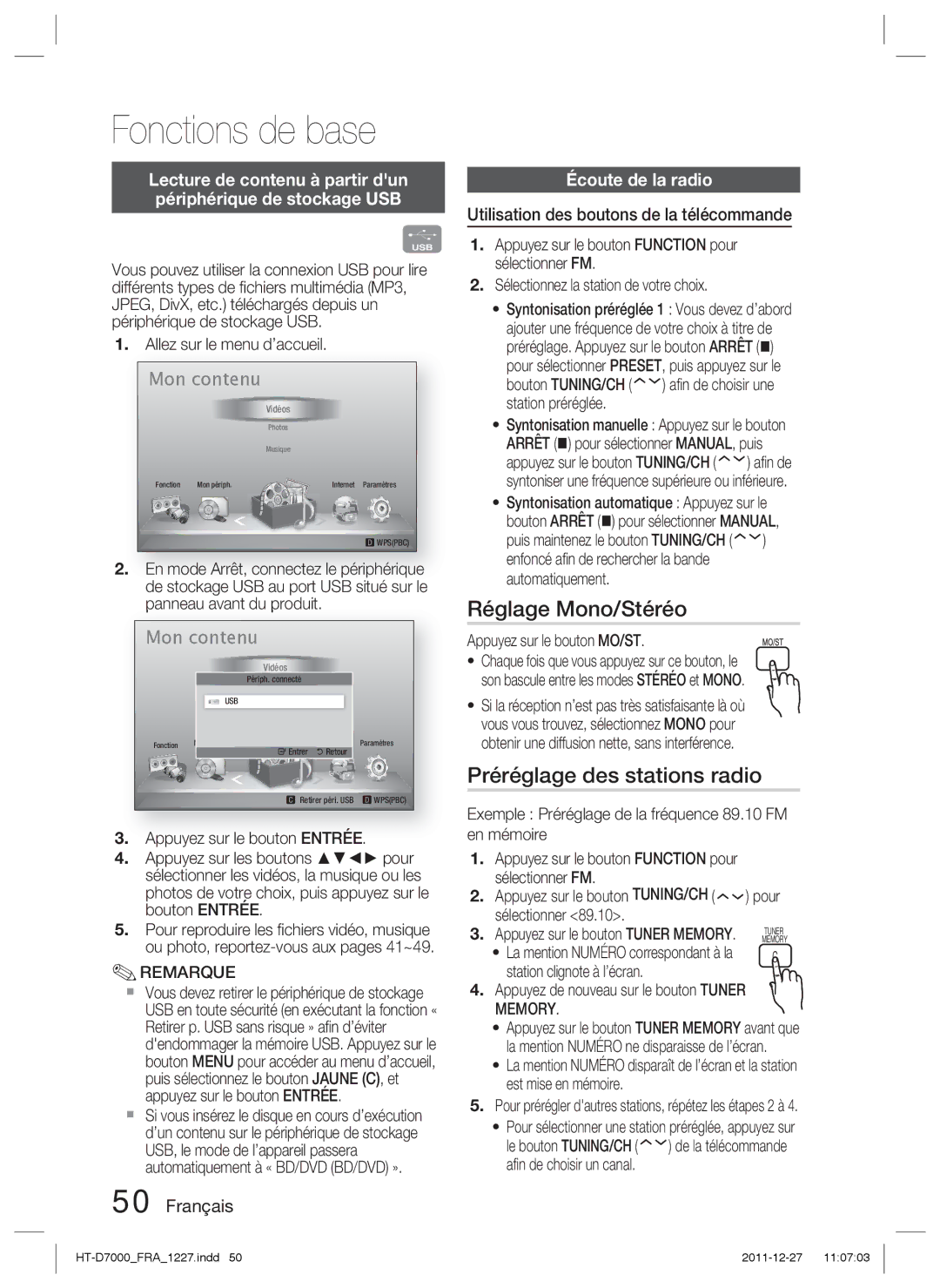 Samsung HT-D7000/ZF manual Réglage Mono/Stéréo, Préréglage des stations radio, Écoute de la radio 