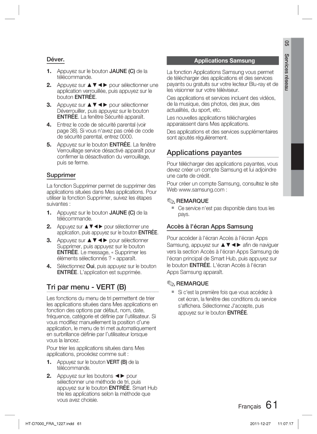 Samsung HT-D7000/ZF manual Tri par menu Vert B, Applications payantes, Applications Samsung 